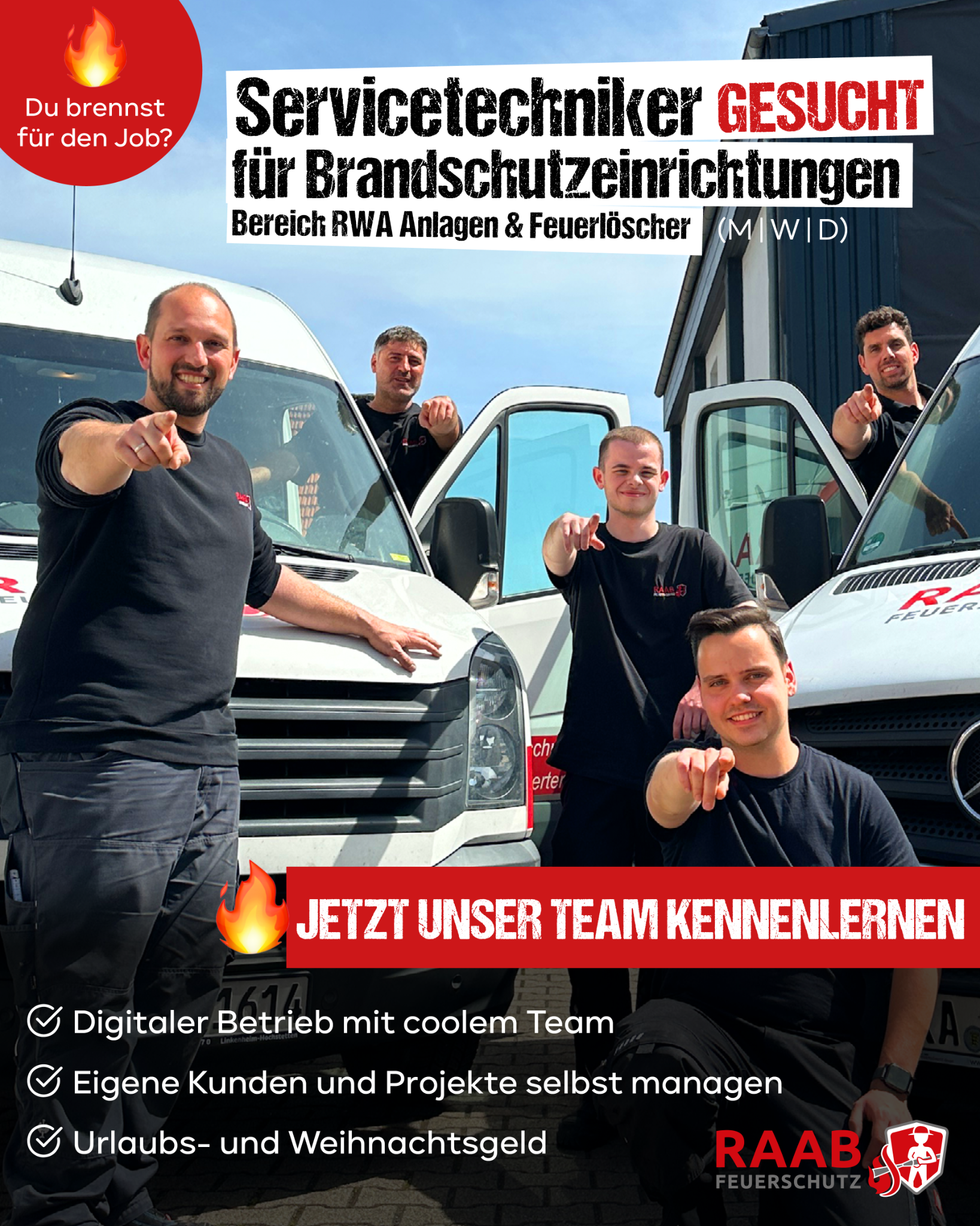 Raab Feuerschutz GmbH Facebook ad: Dein Know-how ist heiß begehrt, wie unsere Jobs