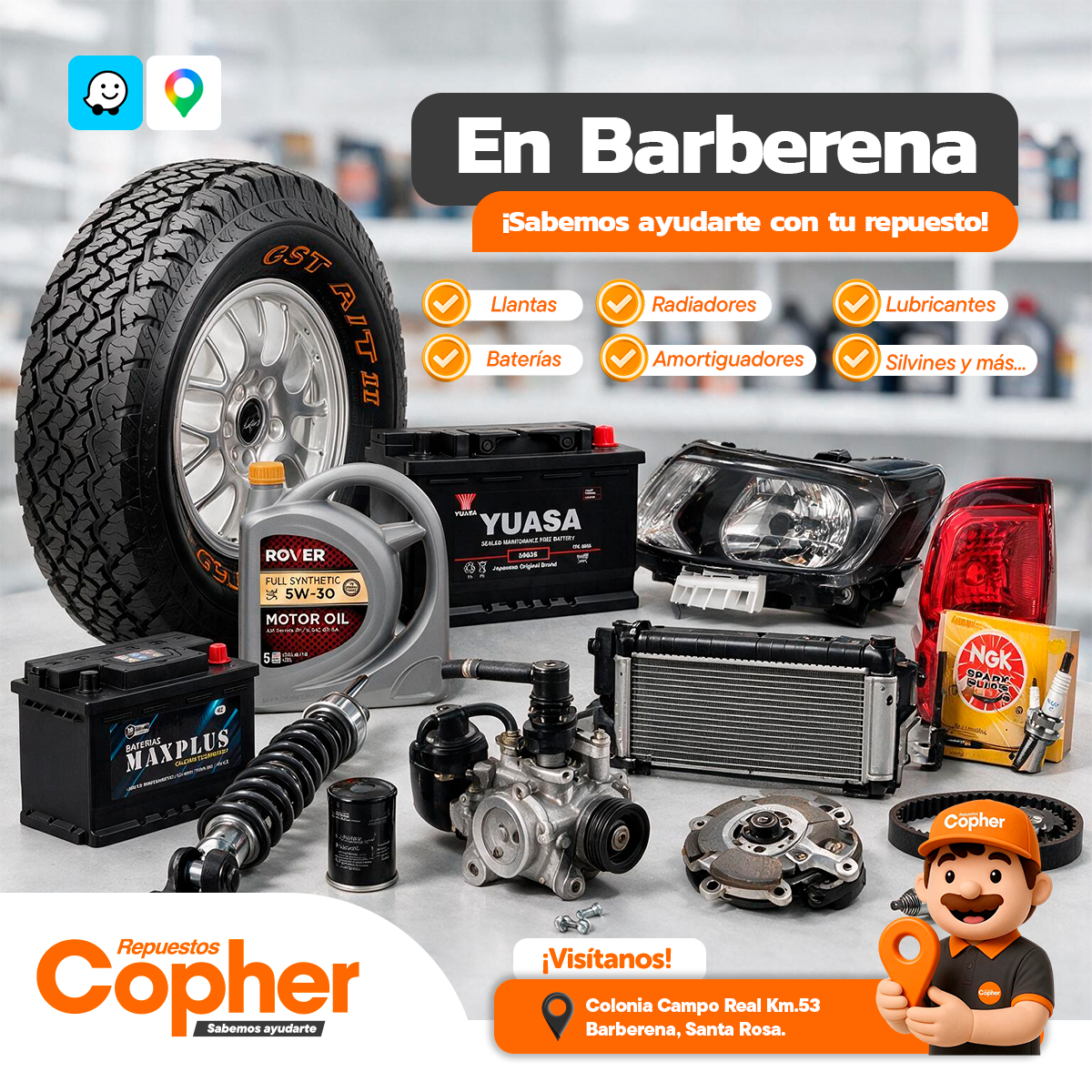 Repuestos Copher Facebook ad: Visita Copher Barberena
