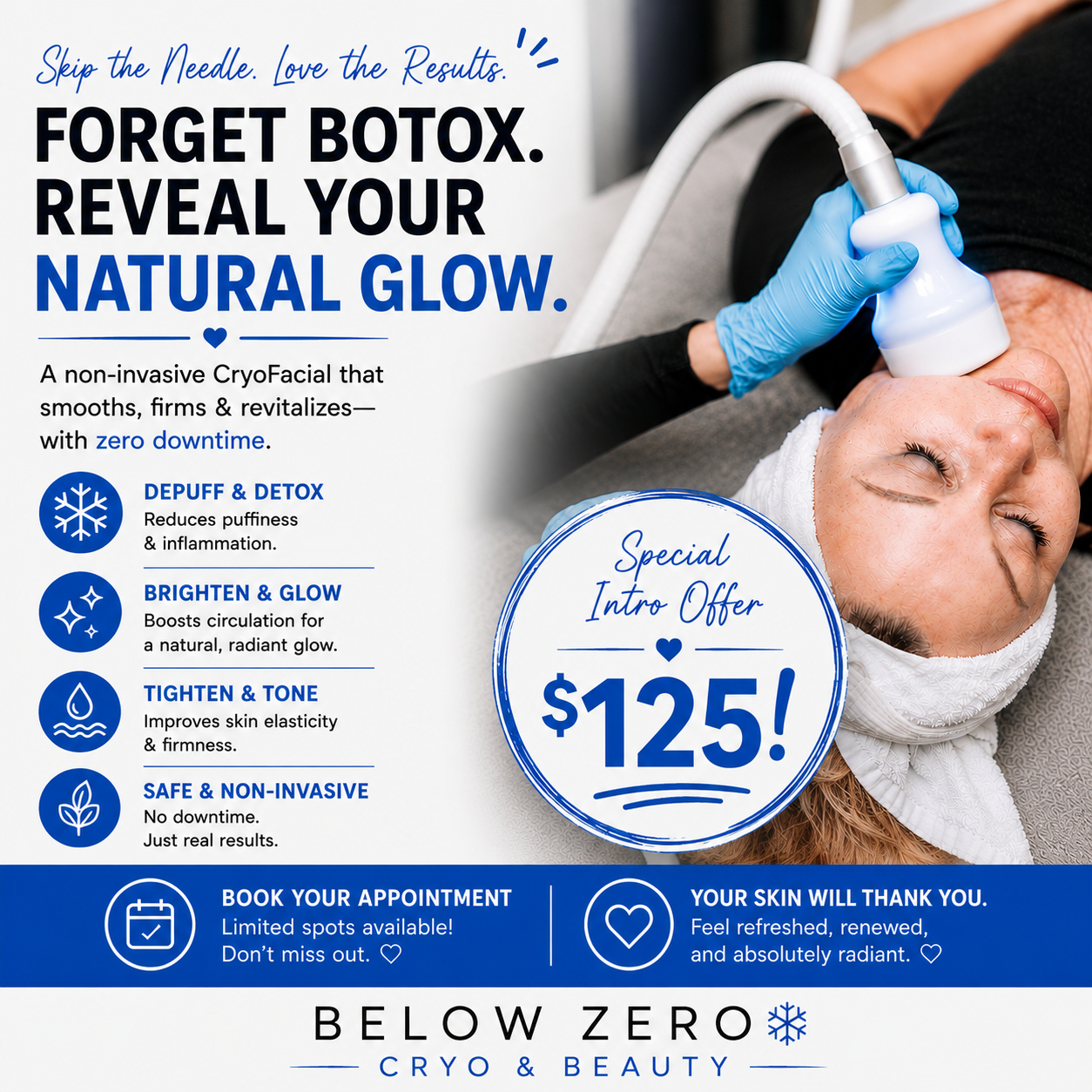 Below Zero Beauty Facebook ad: Forget Botox. Glow Naturally.