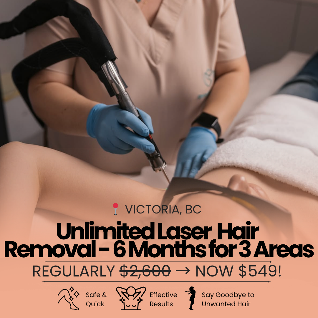 Victoria Laser and Beauty Facebook ad: Unlimited Laser Hair Removal 6 Months for 3 Areas NOW $549!