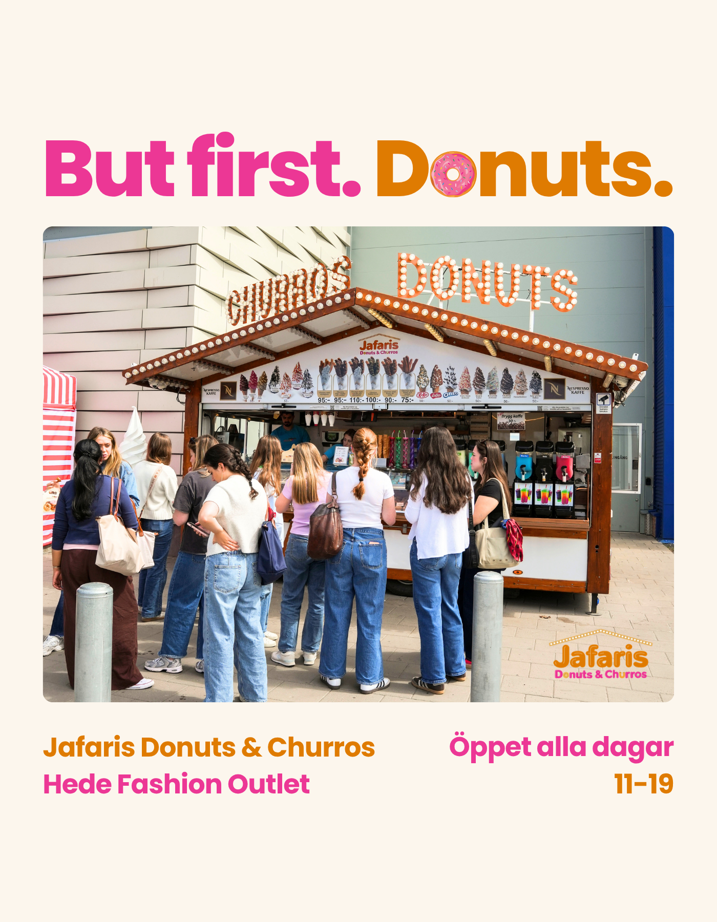 Jafaris Donuts & Churros Facebook ad: Vi finns på plats hela sommaren på Hede…