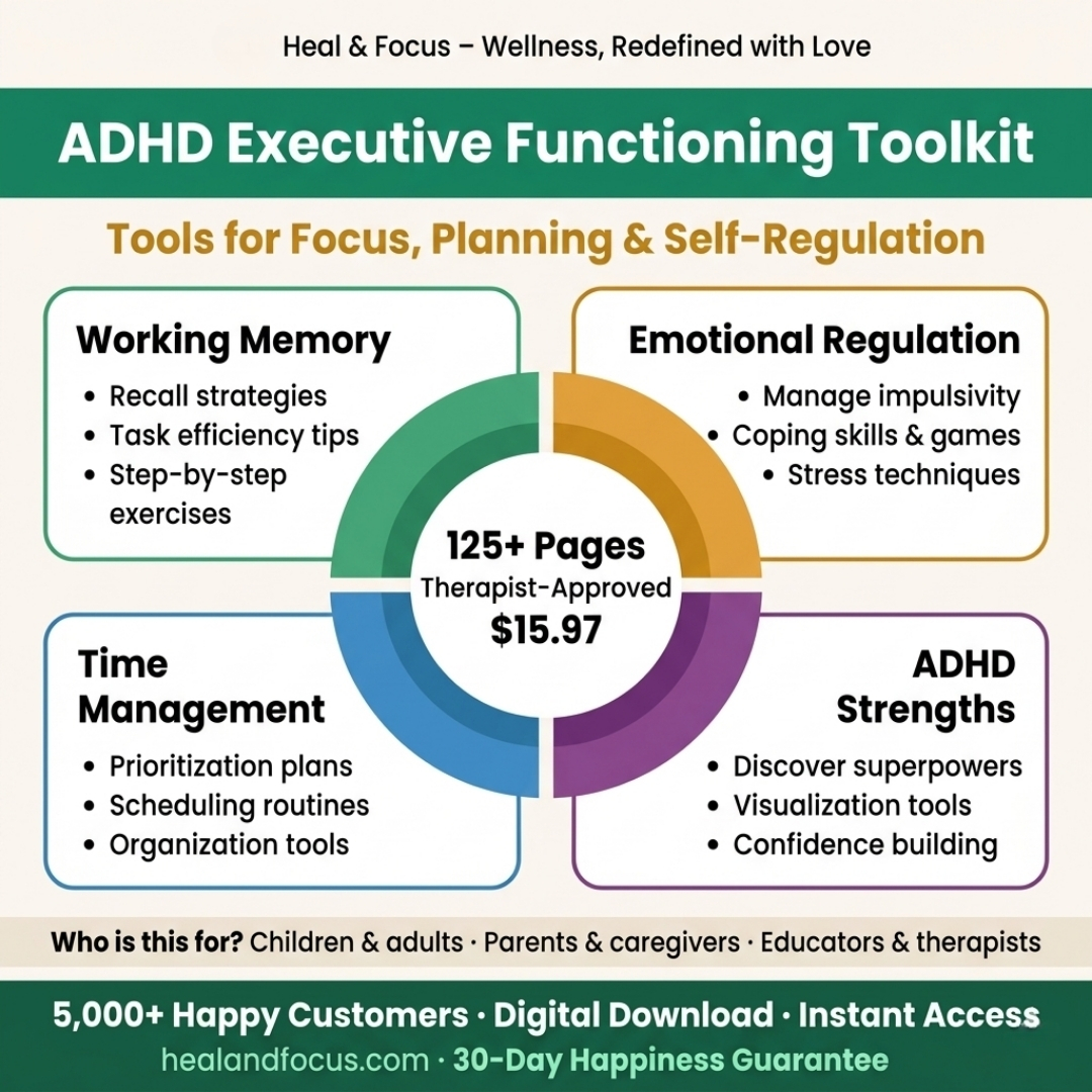 Heal & Focus Facebook ad: 125+ Therapist-Approved ADHD Tools, Working Memory ·…