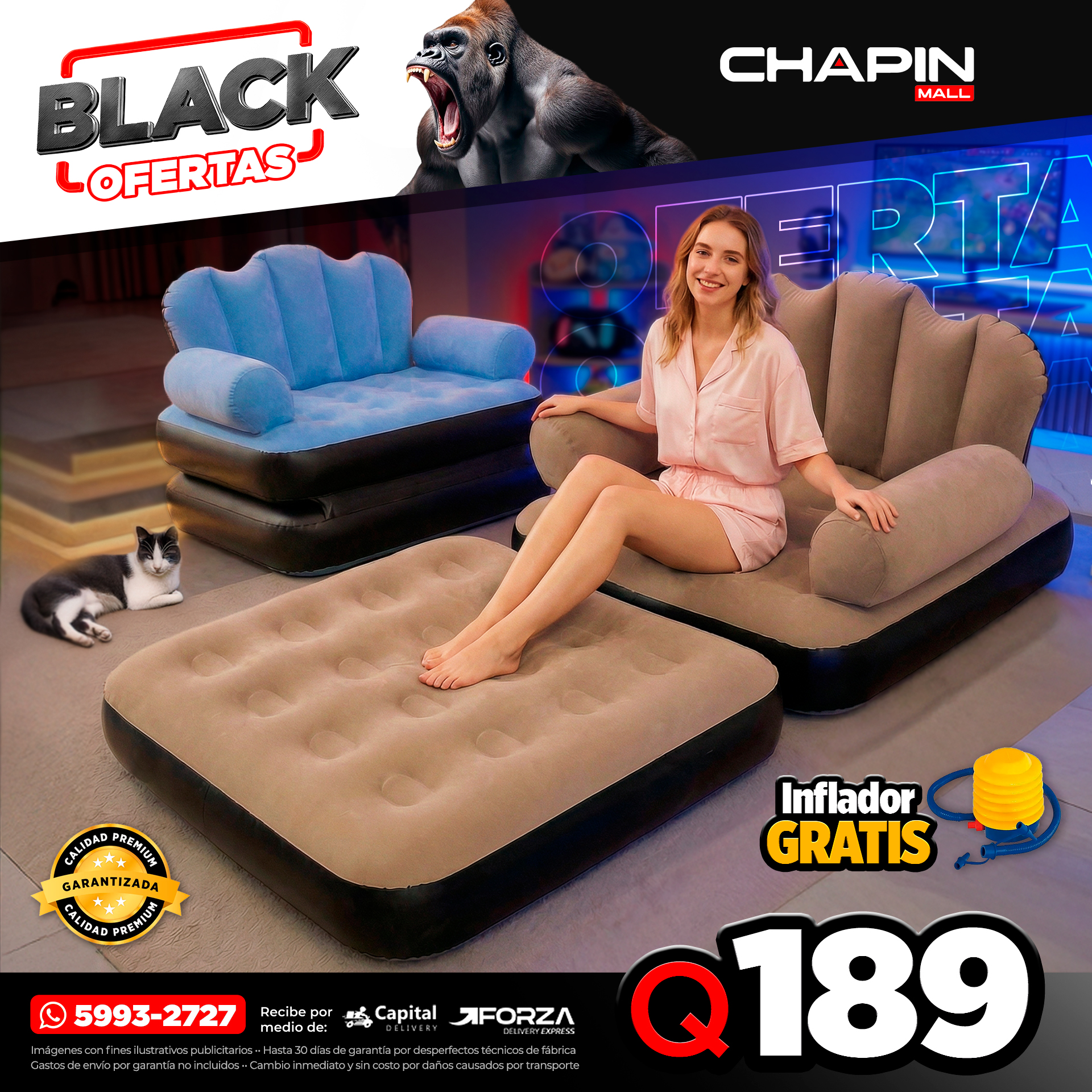 ChapinMall Facebook ad: LIQUIDACIÓN DE SOFÁS CAMA + INFLADOR