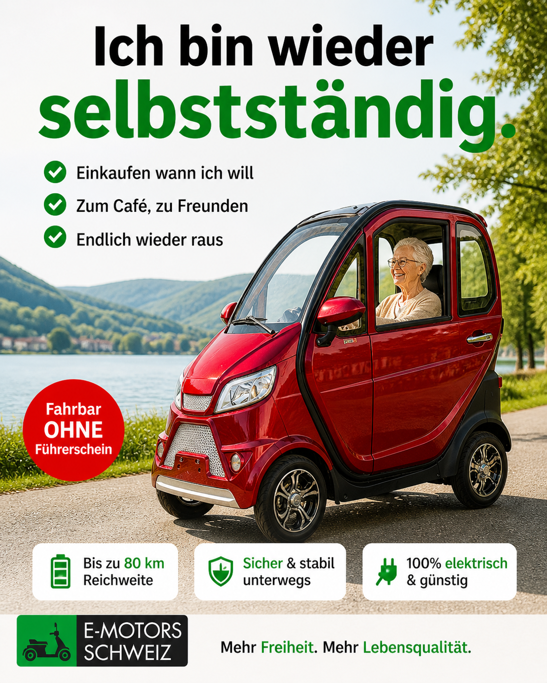 E-Motors Schweiz Facebook ad: Fahren ohne Führerschein, auch im Sommer