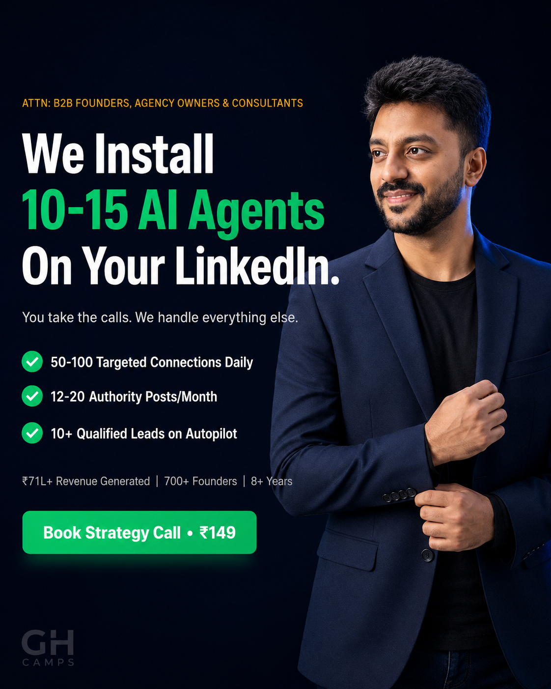 Growth Hack Camps Facebook ad: We Install 10-15 AI Agents on Your LinkedIn