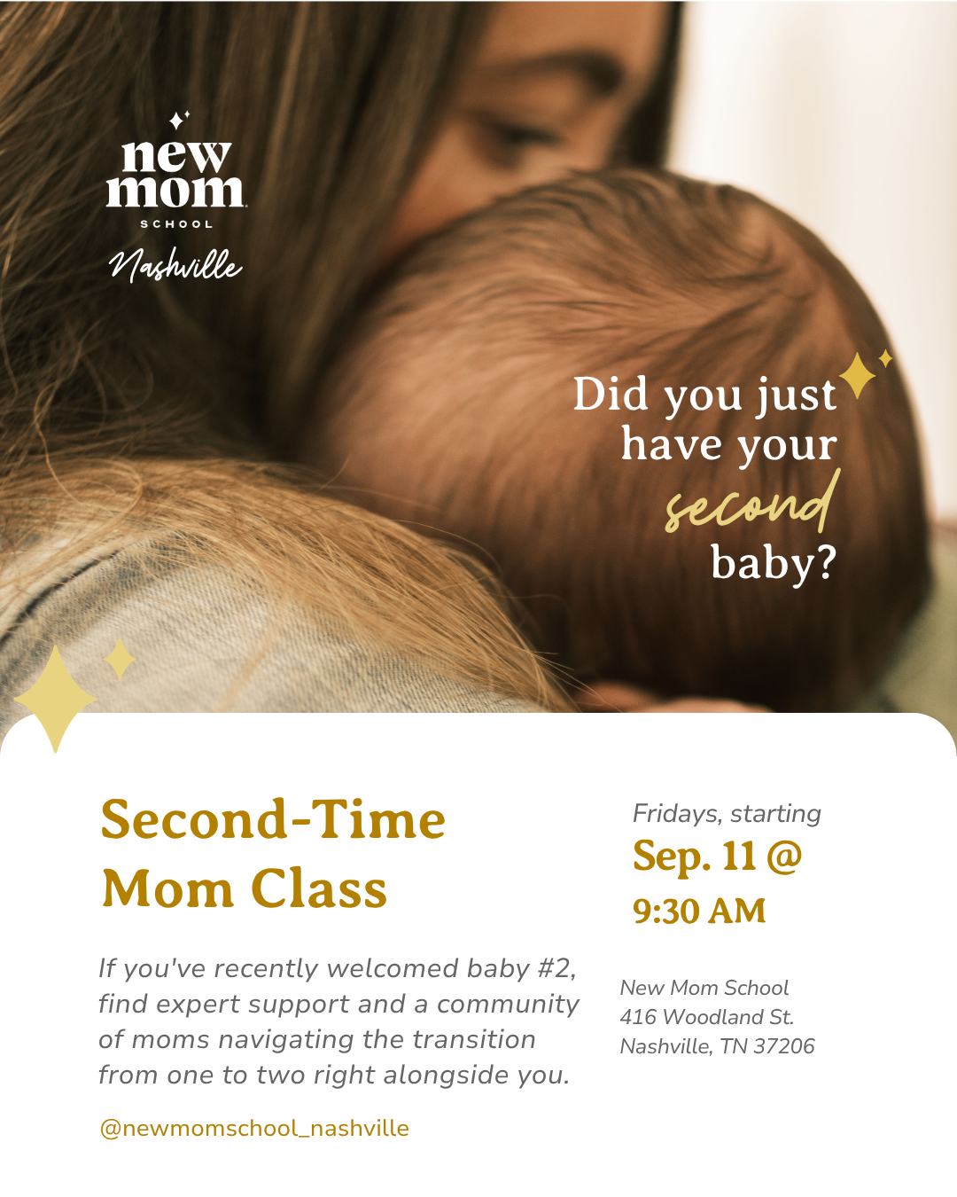 New Mom School Facebook ad: You don’t have to figure out this next chapter alone.