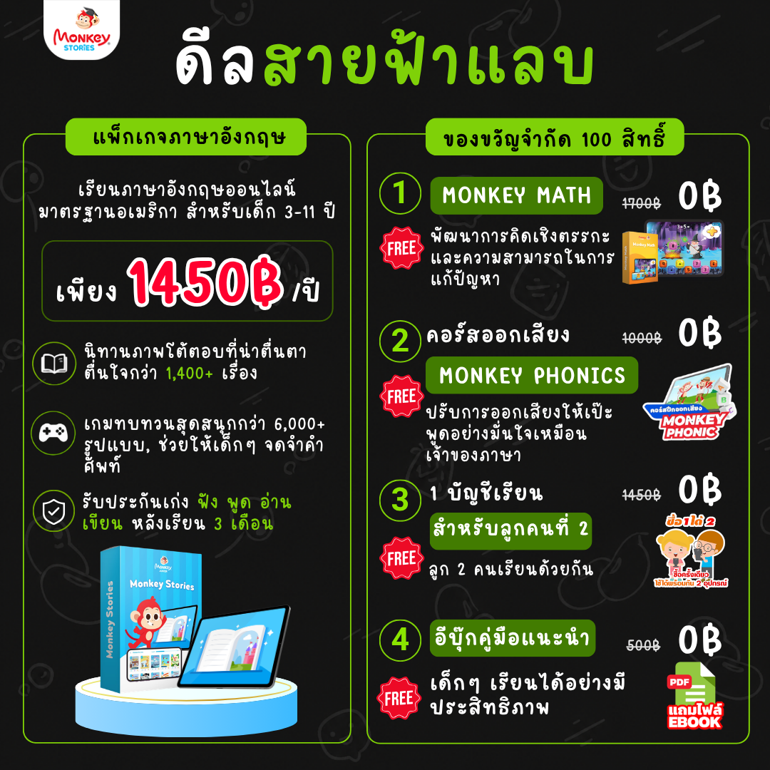 Monkey Stories Thailand Facebook ad: รับข้อมูลรายละเอียดเพิ่มเติมและคูปองส่วนลด 40% ได้ที่นี่