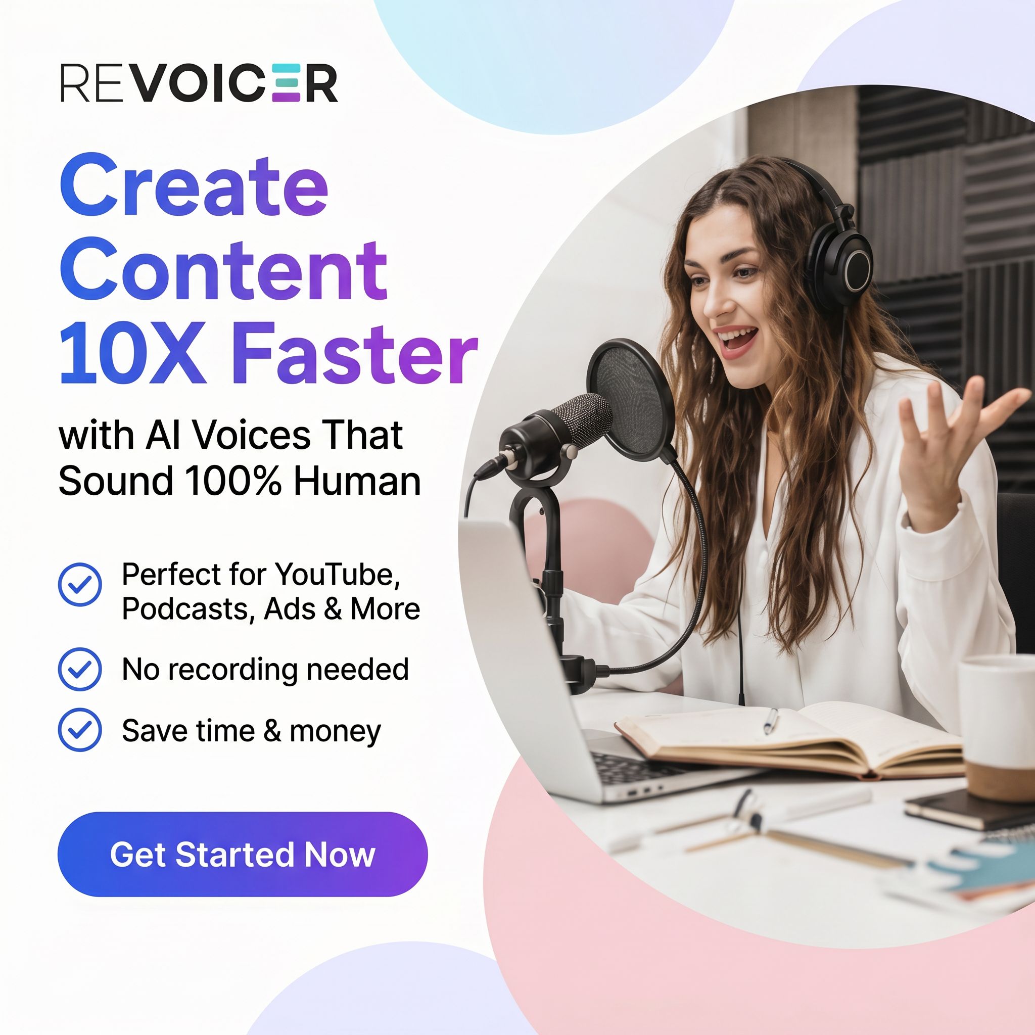 Revoicer - AI Text To Speech Facebook ad: 100+ Human-Sounding AI Voices With Emotions