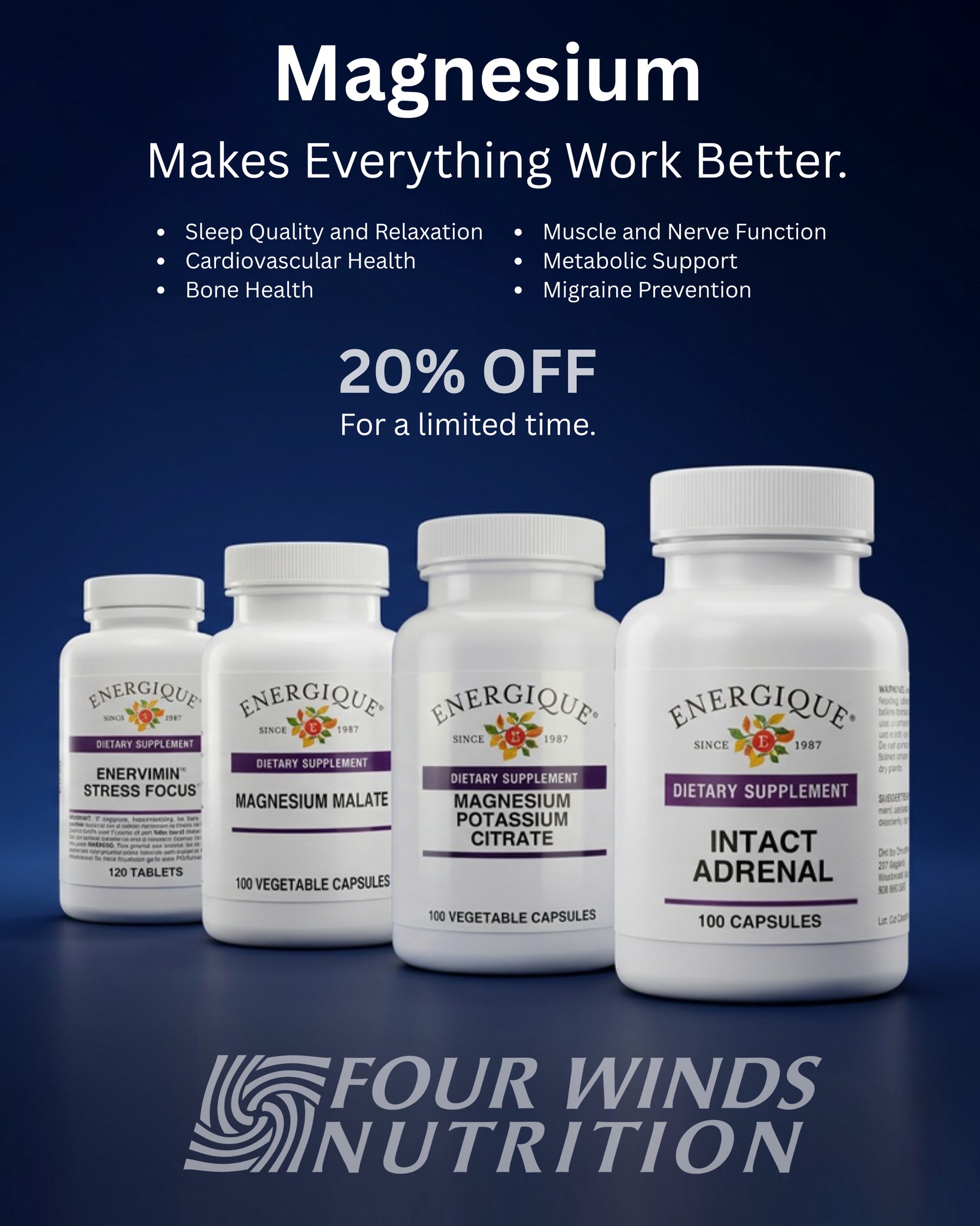 Four Winds Nutrition Facebook ad: Magnesium: Chill Harder, Live Stronger