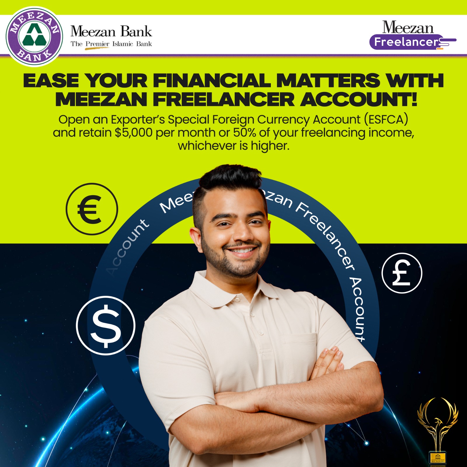 Meezan Bank Limited Facebook ad: Freelancers, control your incoming remittance income now!