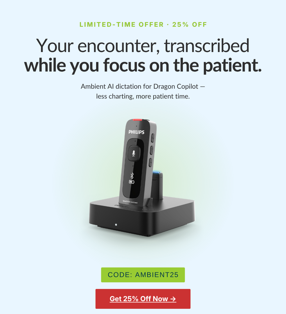 Dragon Medical USA Facebook ad: 25% Off SpeechMike Ambient AI