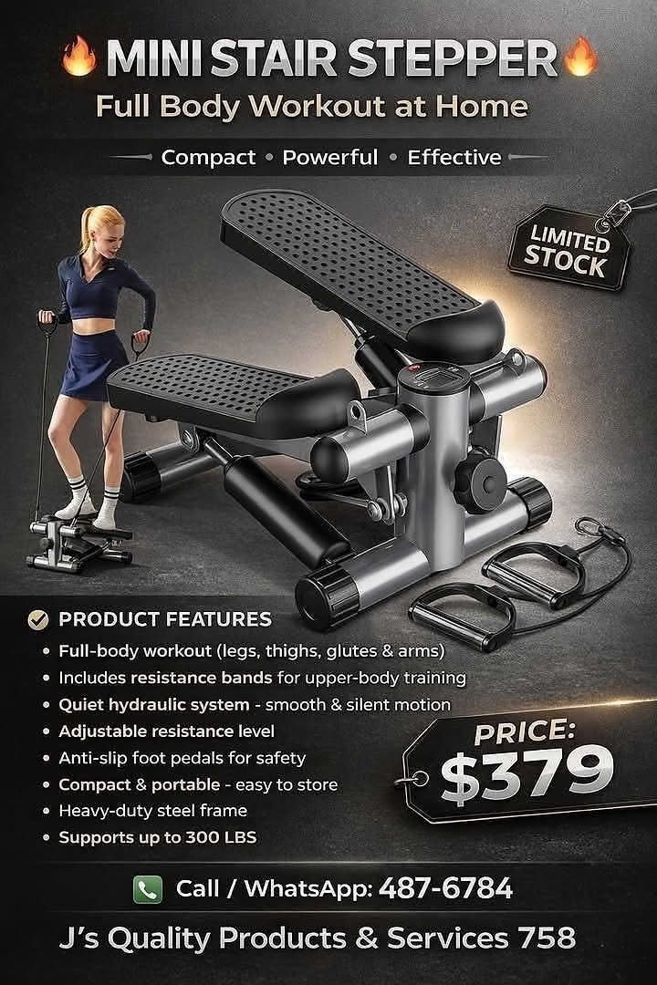 J's Quality Products & Services 758 Facebook ad: New Mini Stepper with Resistance Bands!