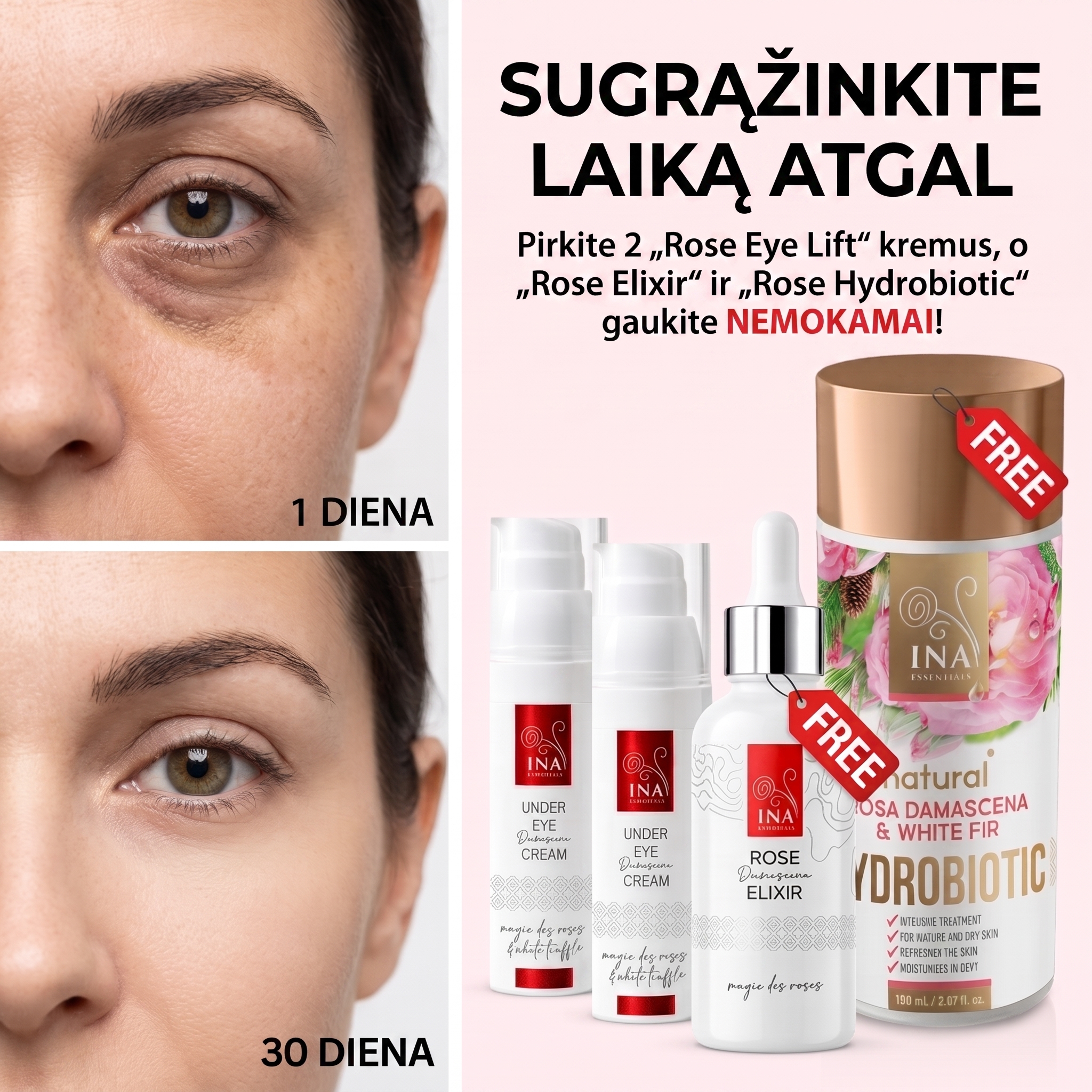 Organinė Kosmetika - InaEssentials.LT Facebook ad: Pirk 2 paakių kremus ir gauk 2 dovanas