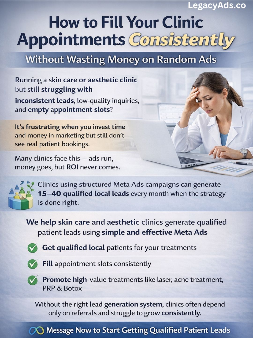 LeagacyAds.co Facebook ad: Attract More Local Patients to Your Skin Clinic