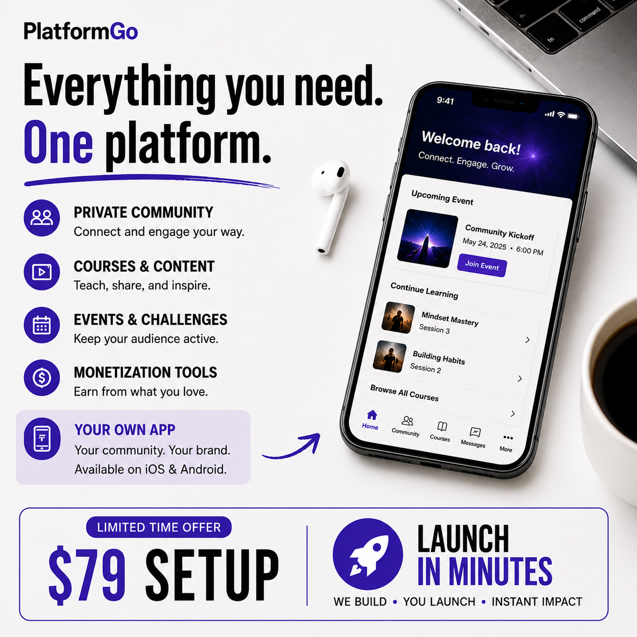 PlatformGo Facebook ad: Launch Your Community In Minutes