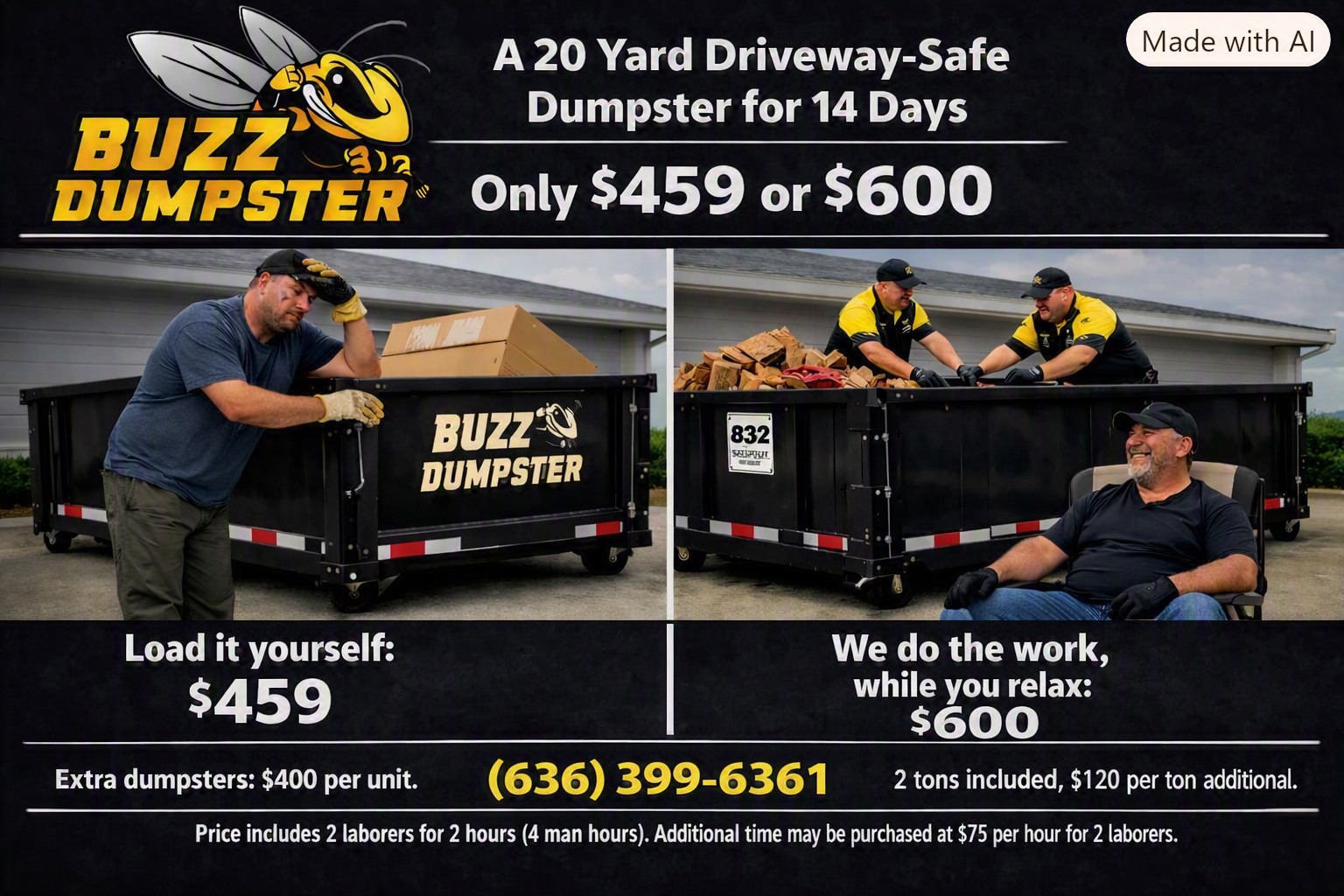 Buzz Dumpster & Junk Removal Facebook ad: STOP DOING THE HEAVY LIFTING YOURSELF.