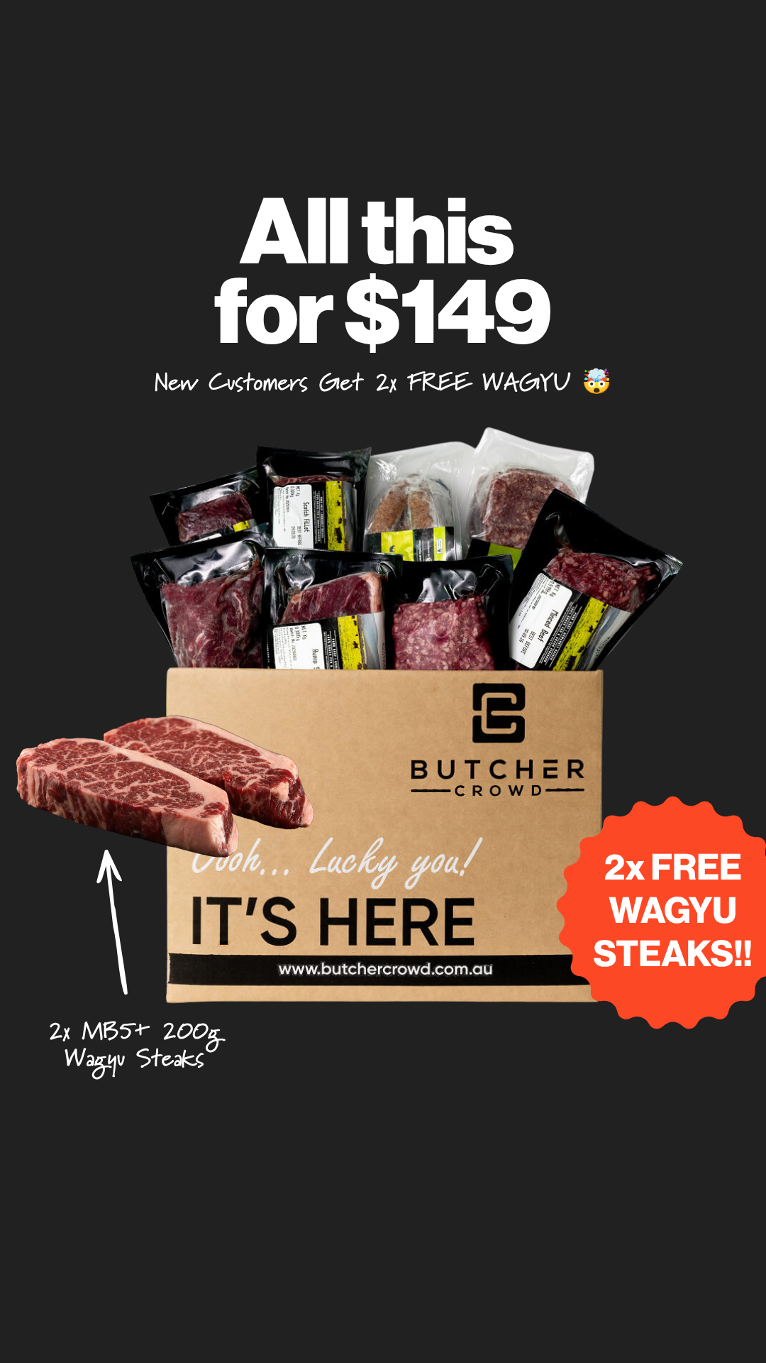 ButcherCrowd Facebook ad: FREE WAGYU in your first box!