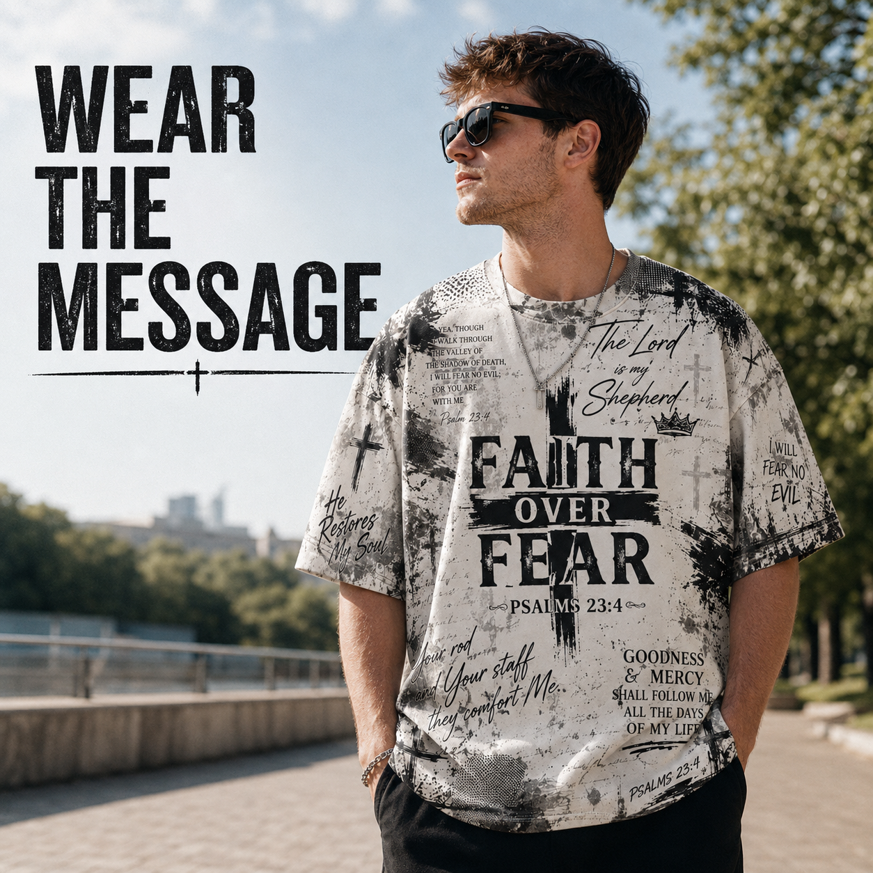 Deltza Facebook ad: Faith Over Fear AOP Tee