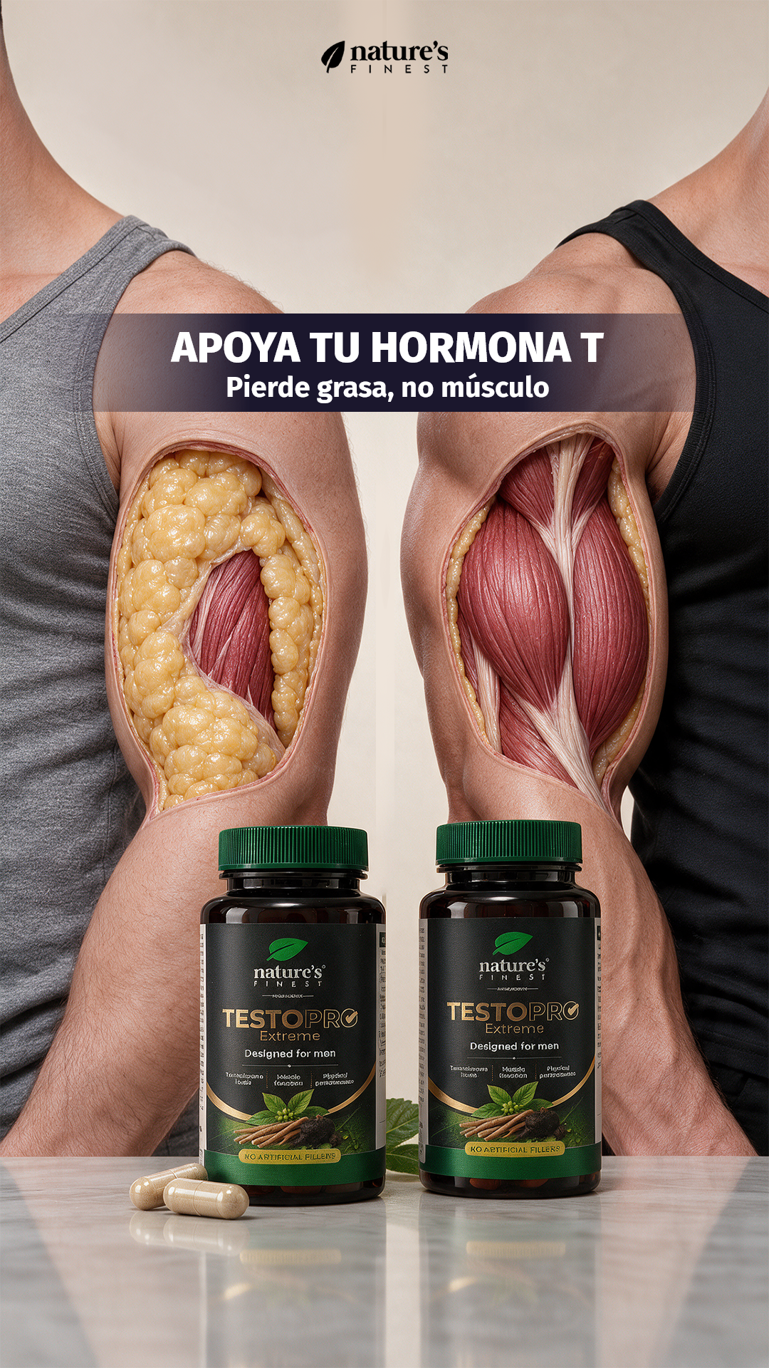 Nature's Finest España Facebook ad: ¡Mantén tu hormona T fuerte!