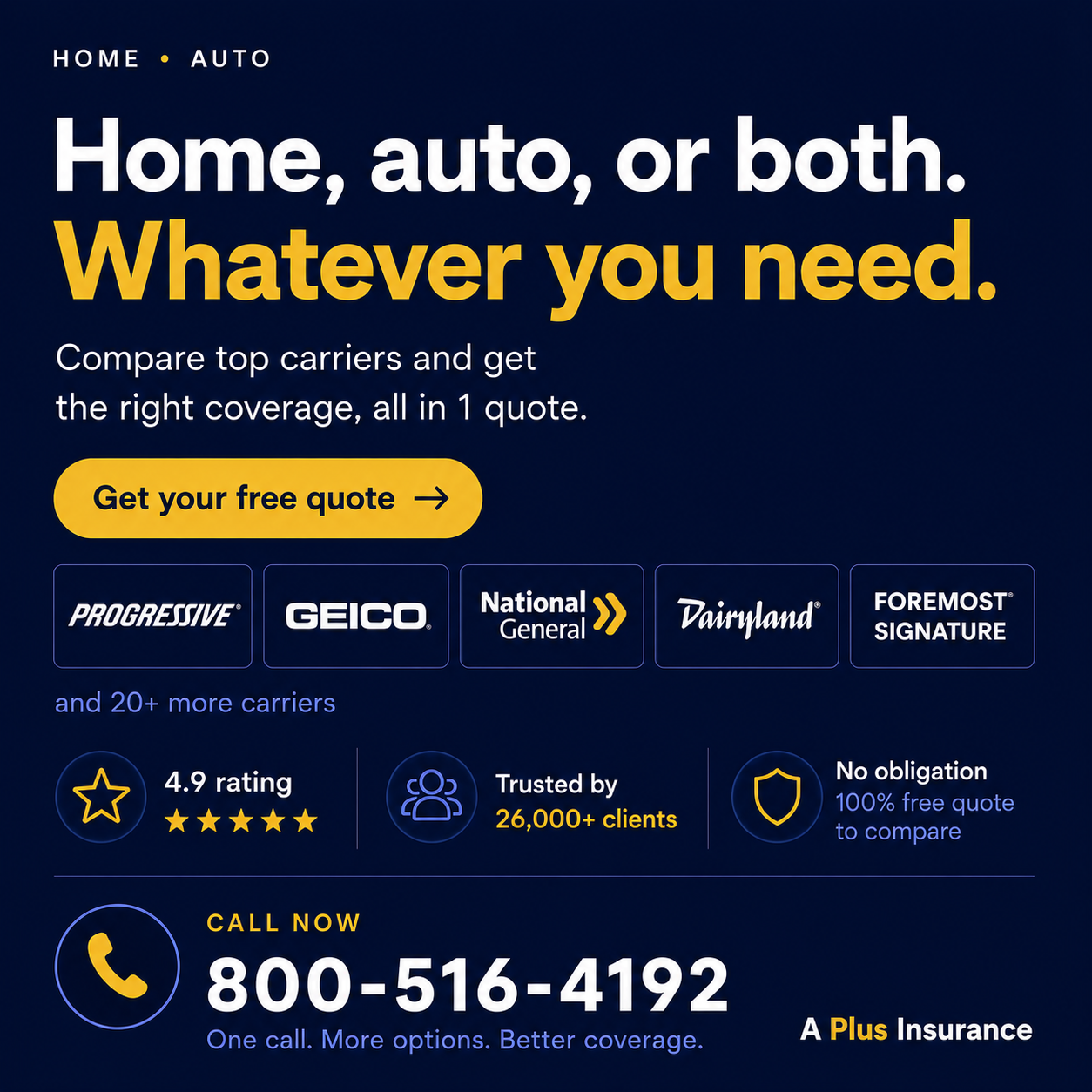 A Plus Insurance Facebook ad: Home, auto, or both. One quote.
