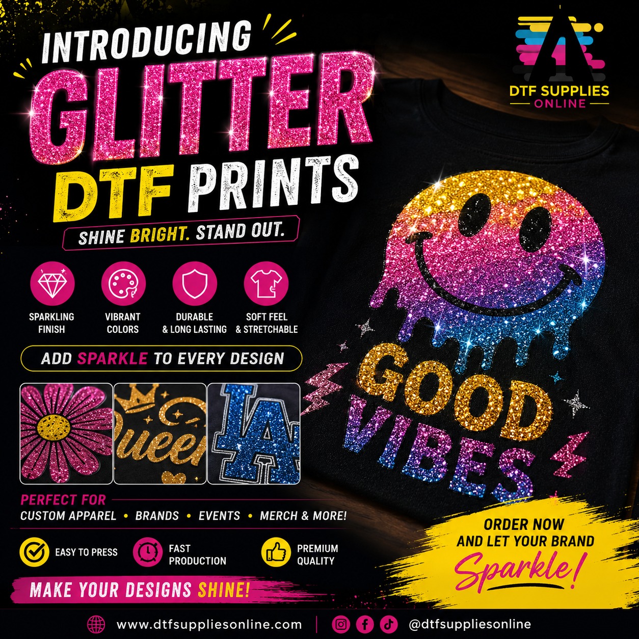 A One Apparel Printing Facebook ad: INTRODUCING GLITTER DTF PRINTS