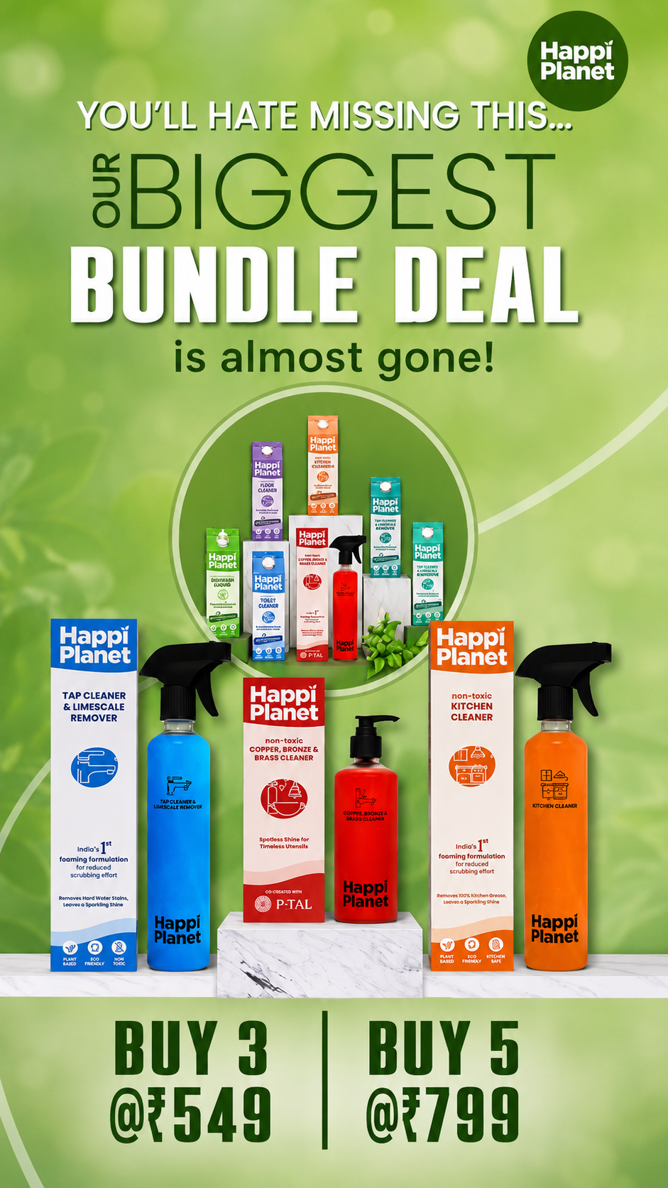 HappiPlanet Facebook ad: Buy Any 3 Happi Cleaners @ ₹549
