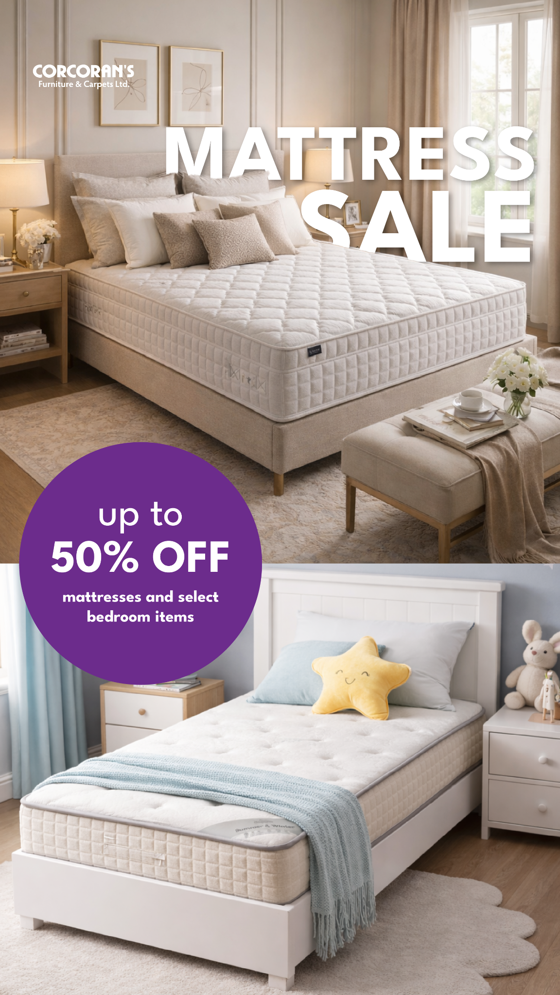 Corcorans Furniture & Carpets Facebook ad: Visit Us In Killarney, Up to 50% Off