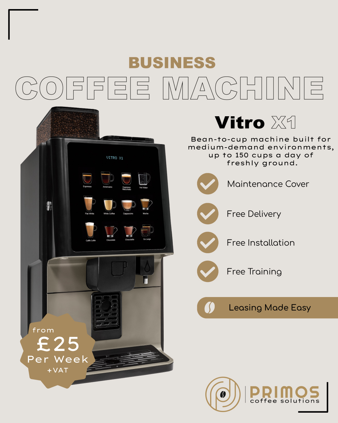 Primos Coffee Solutions Ltd. Facebook ad: Cafés, offices, showrooms, waiting rooms, bakeries, one…