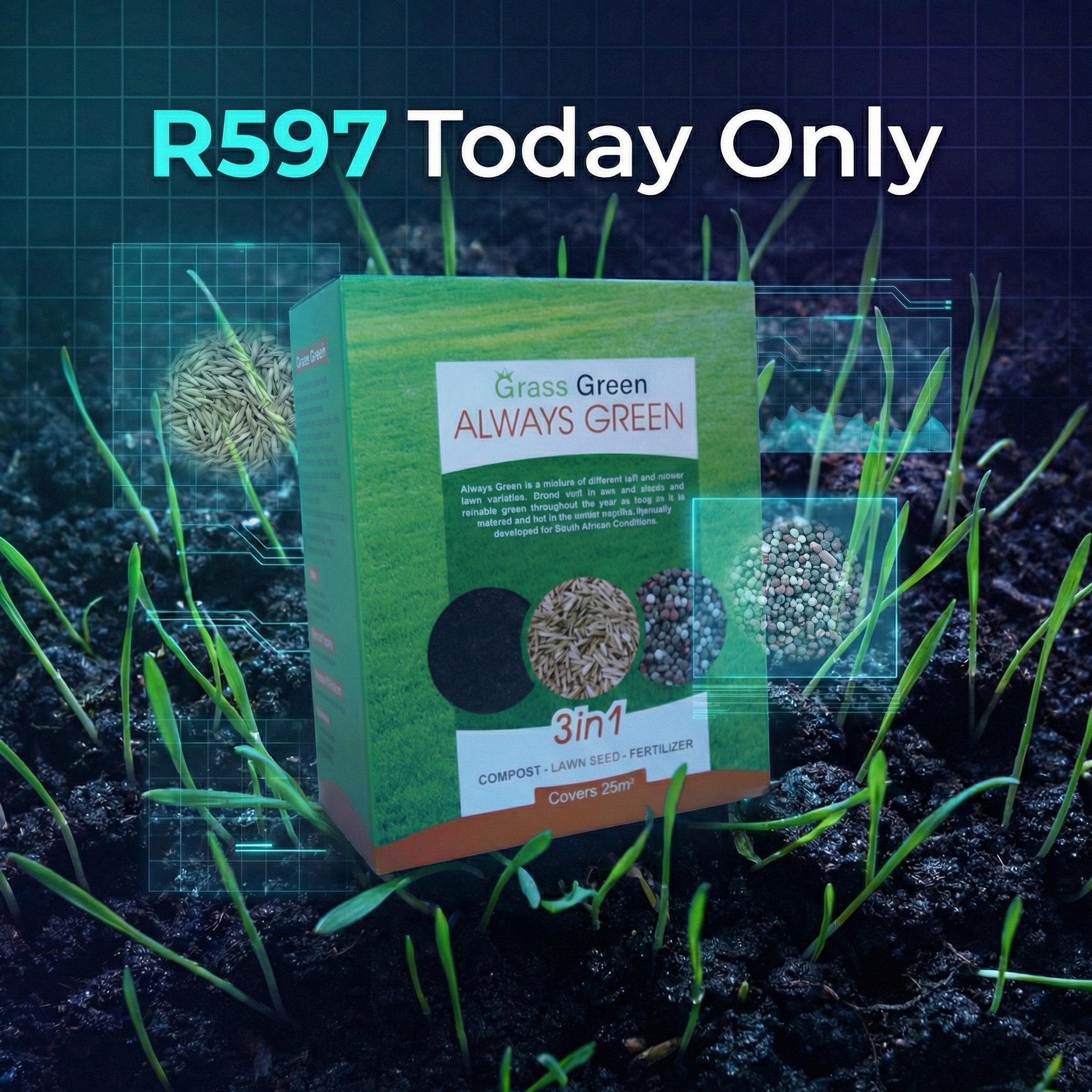Grass Green - Lawn Seeds Facebook ad: R597 Today Only - Premium Lawn Kit
