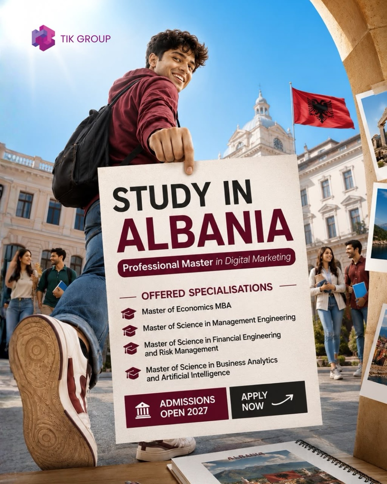 TIK Group Facebook ad: Study in Albania, build your future internationally.