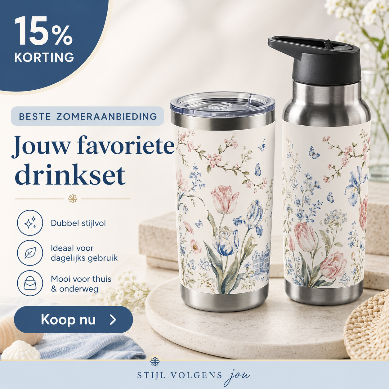 Echo Goods Facebook ad: Elegante Bloemen Drinkfles