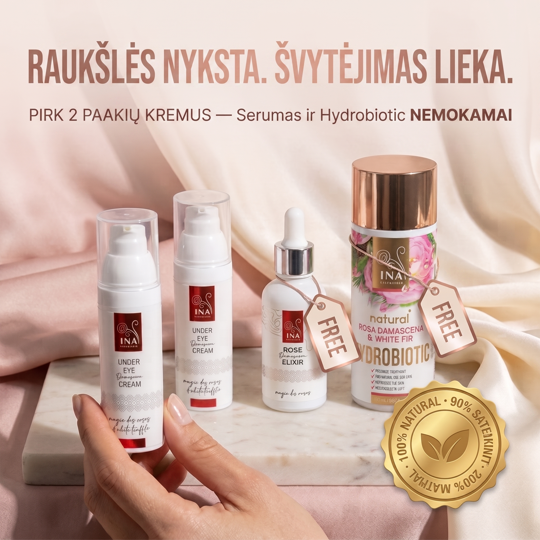 Organinė Kosmetika - InaEssentials.LT Facebook ad: Pirk 2 paakių kremus ir gauk 2 dovanas