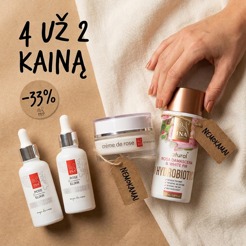 Organinė Kosmetika - InaEssentials.LT Facebook ad: Pirk 2 Rose Elixir serumus, kremas ir Hydrobiotic dovanų