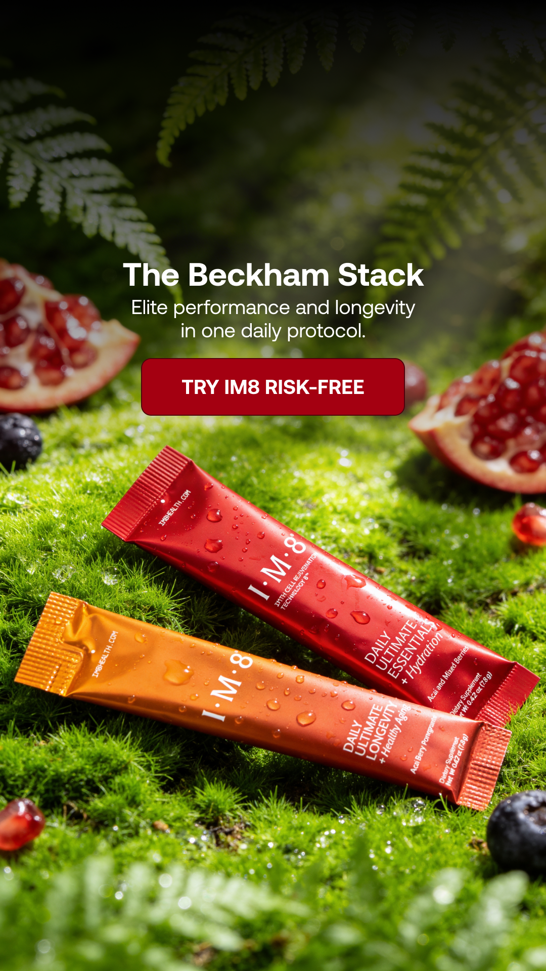 IM8 Facebook ad: Perform Now. Thrive Tomorrow. The Beckham Stack.