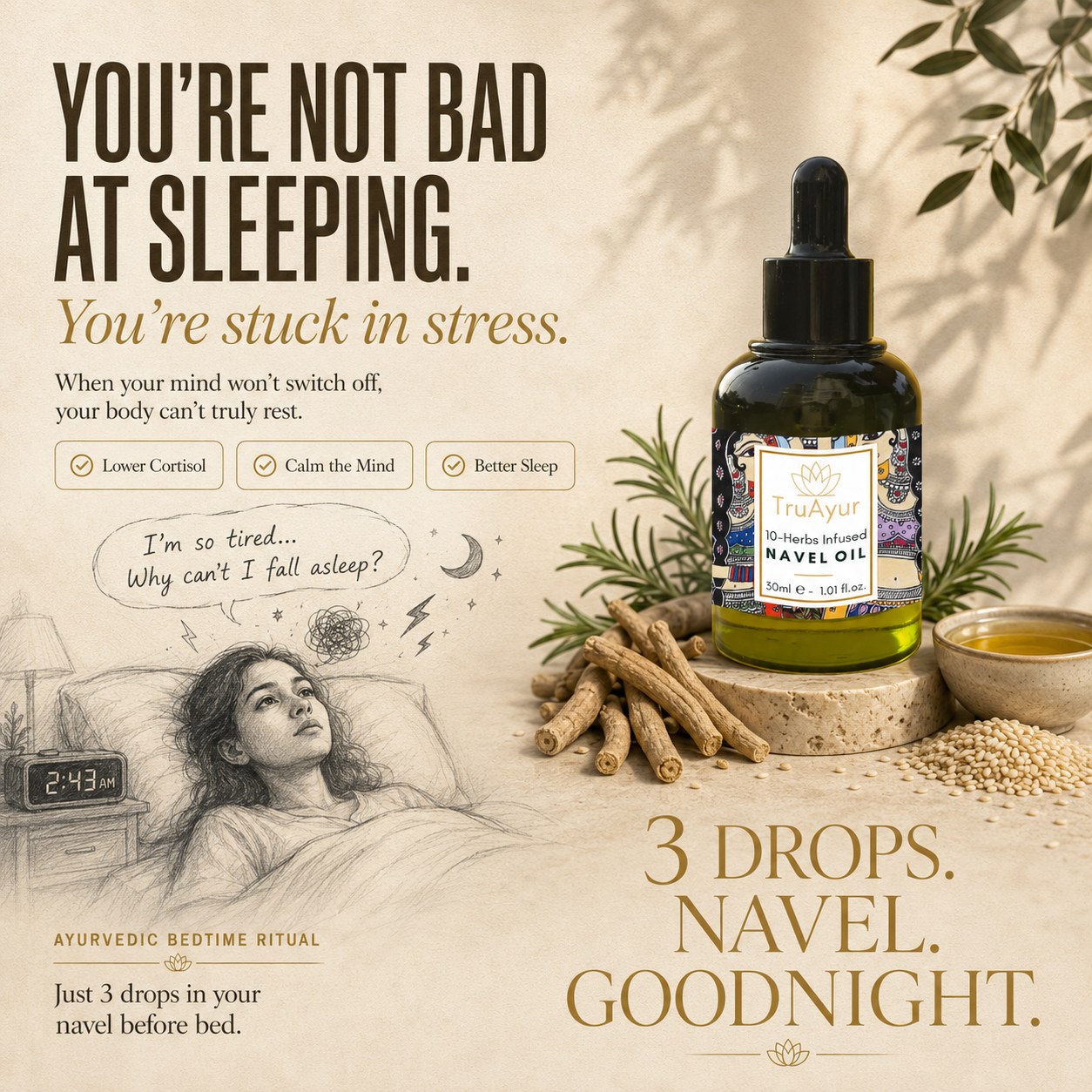 TruAyur US Facebook ad: 10-Herbs Navel Oil for Hormonal Balance, Deeper Sleep &…