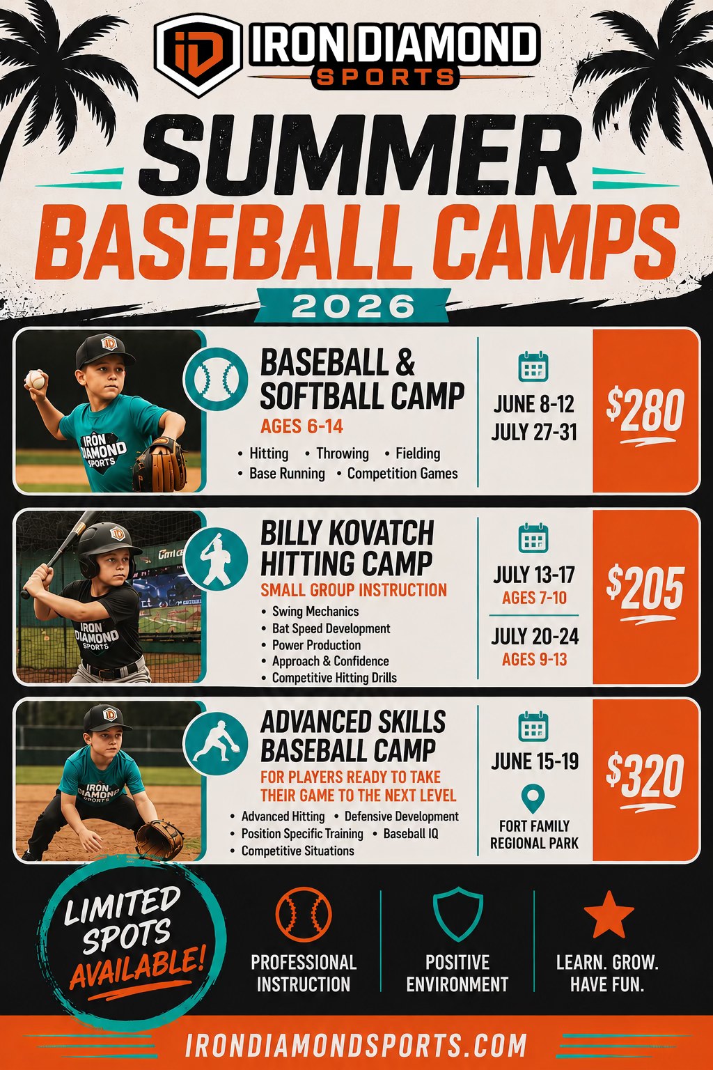 Iron Diamond Sports Facebook ad: Summer Baseball Camps are filling now!