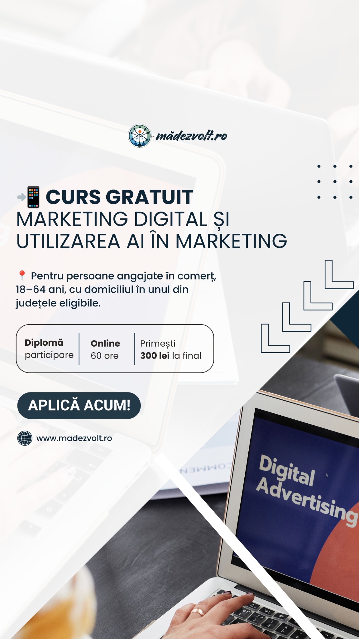 MăDezvolt.ro Facebook ad: Lucrezi în comerț? Hai să ducem marketingul la nivelul…