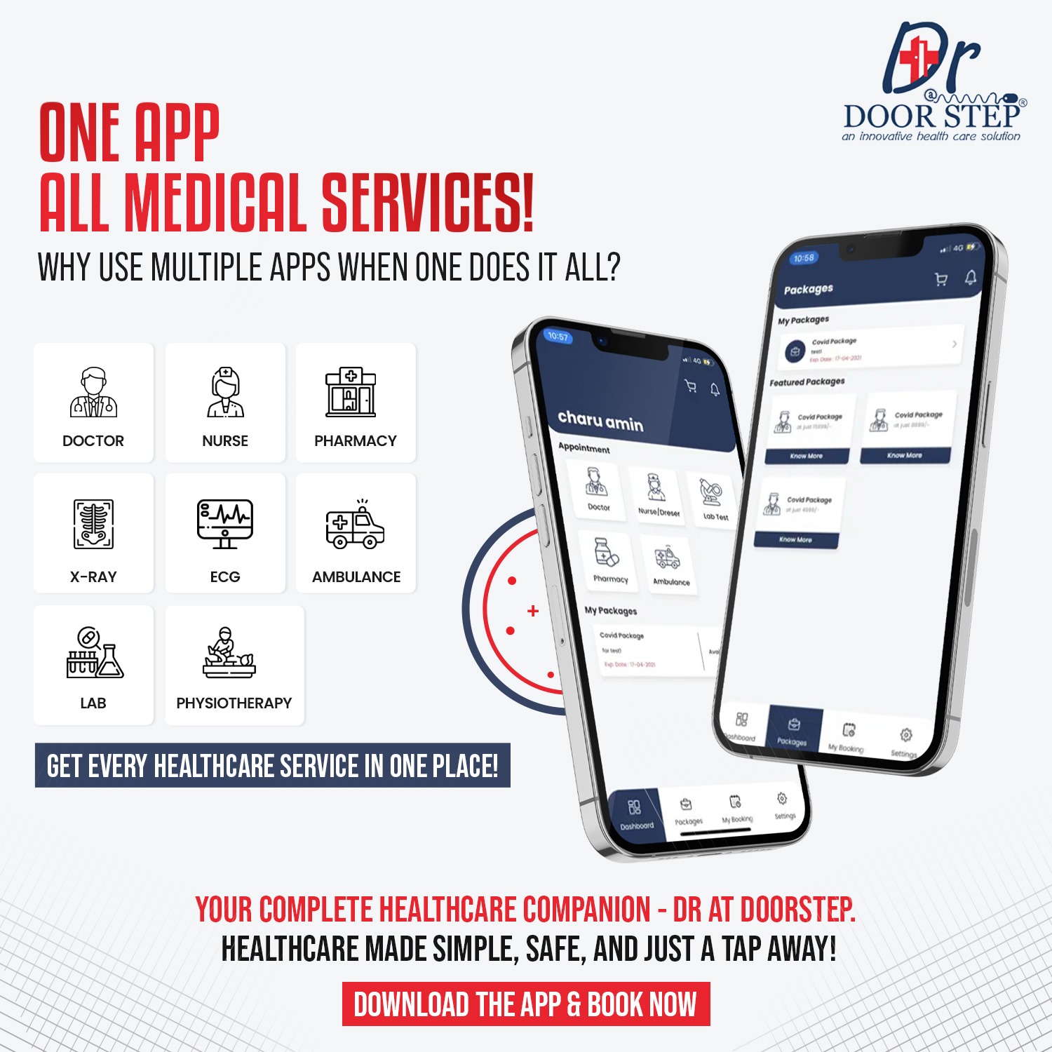 Doctor at Doorstep Facebook ad: One App. All Medical Services.