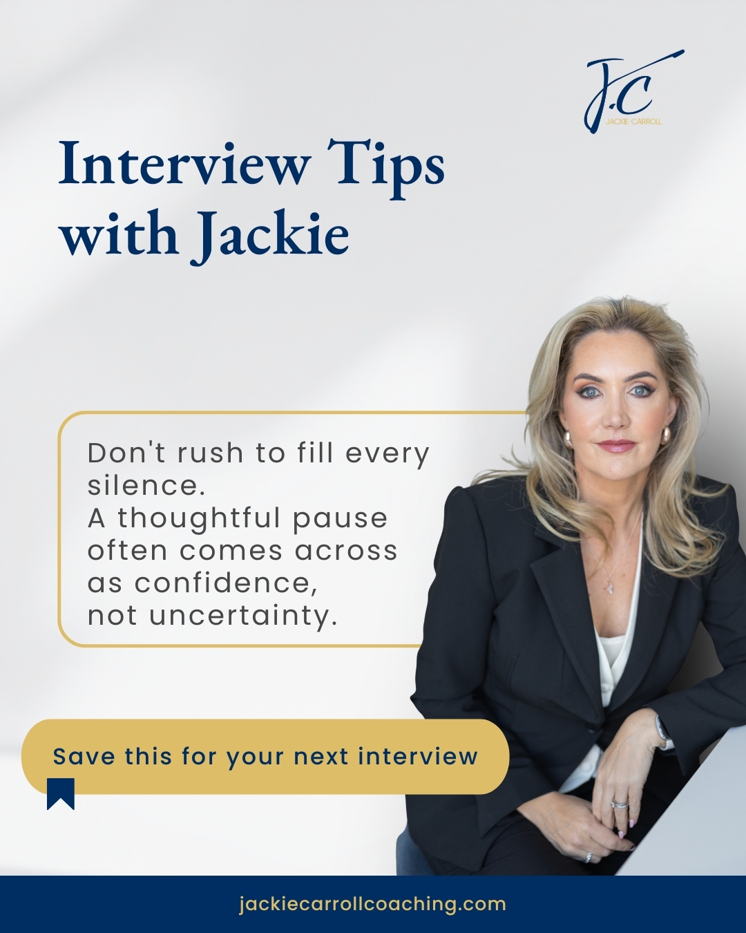 Jackie Carroll Coaching Facebook ad: A short pause in an interview isn't a…