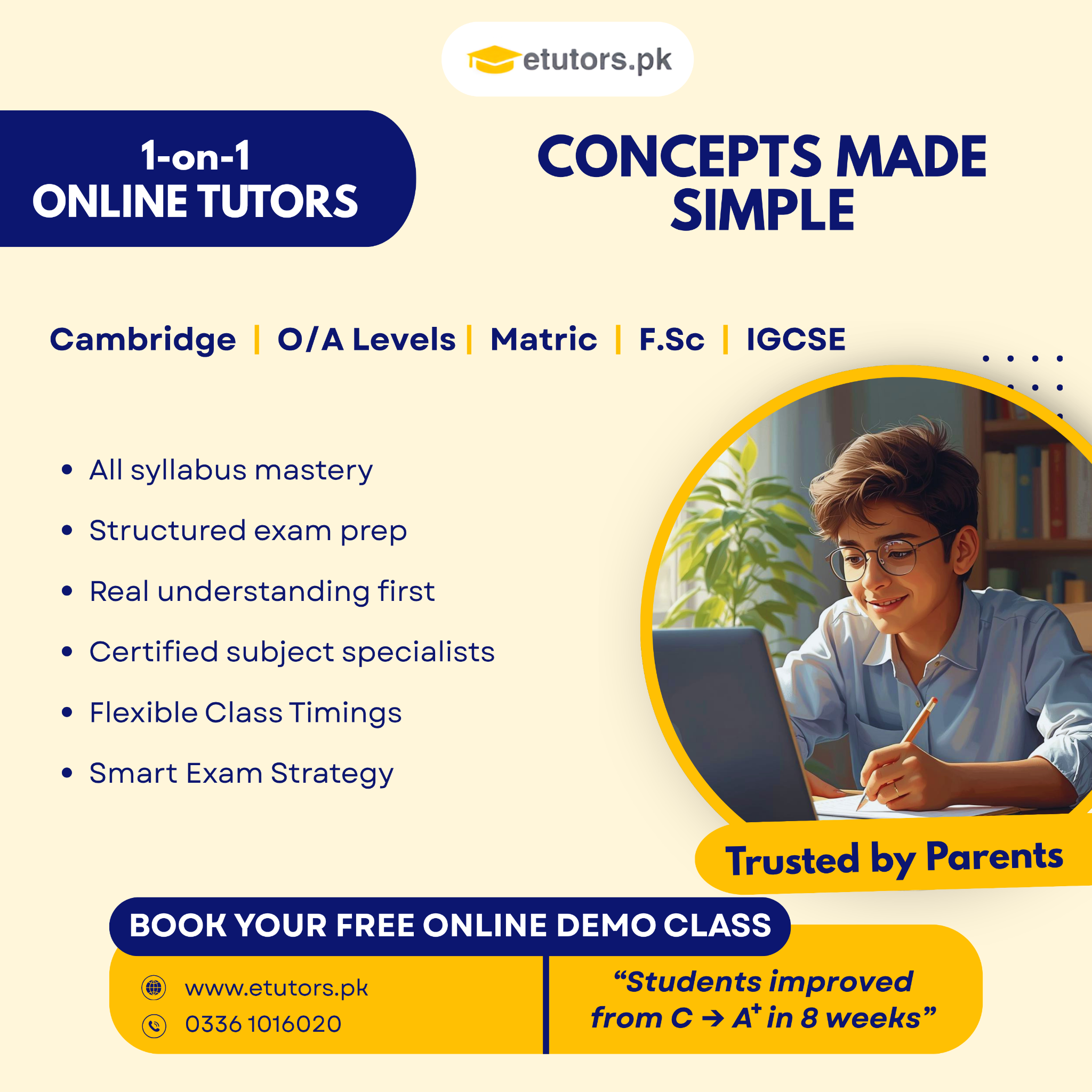 ETutors Academy Facebook ad: 1-on-1 personalized tutoring