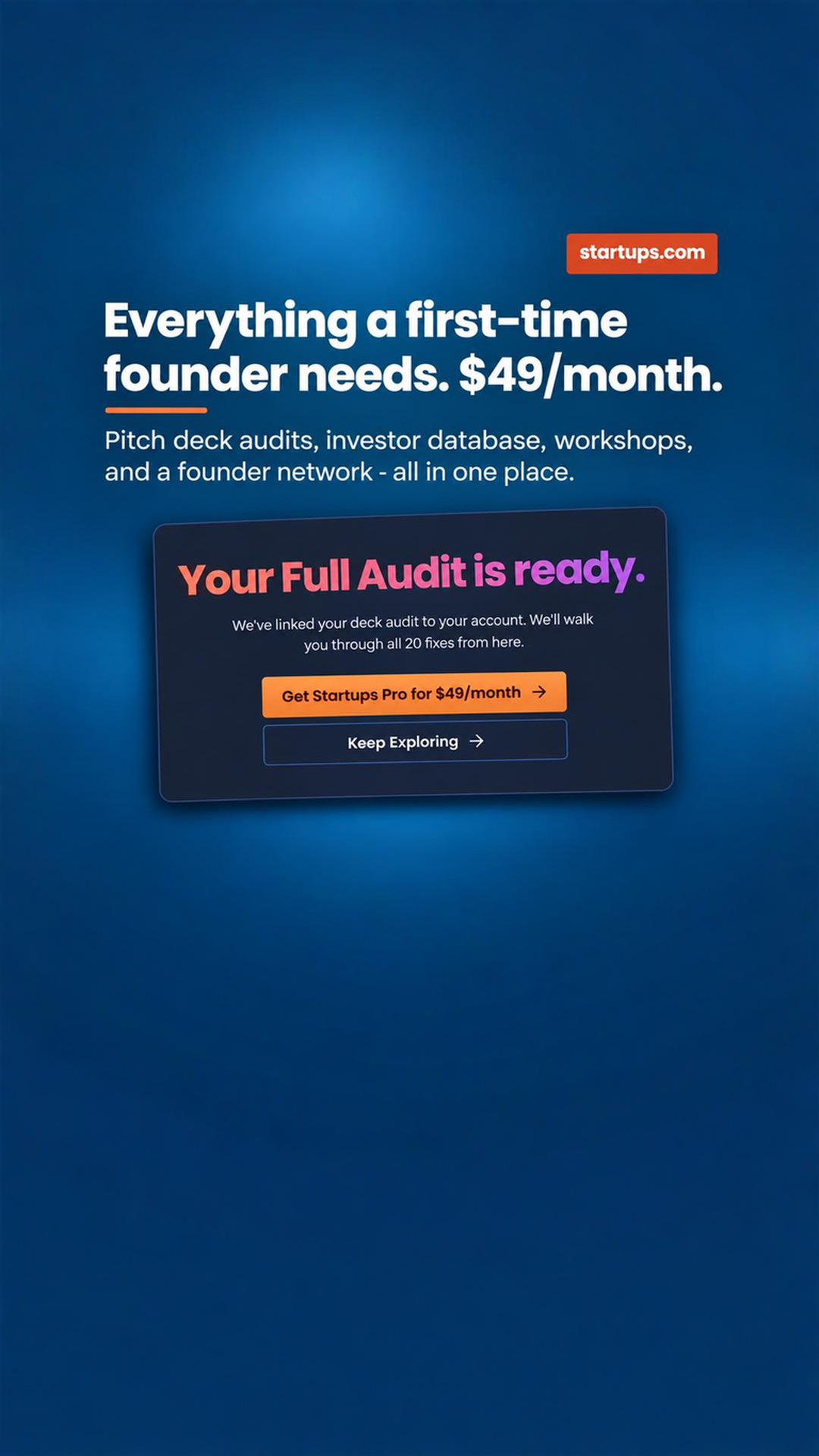 Startups.com Facebook ad: Startups Pro - $49/month