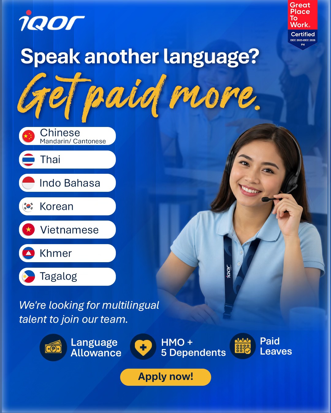 iQor Fairview Facebook ad: Get a bigger language allowance, competitive pay, and…