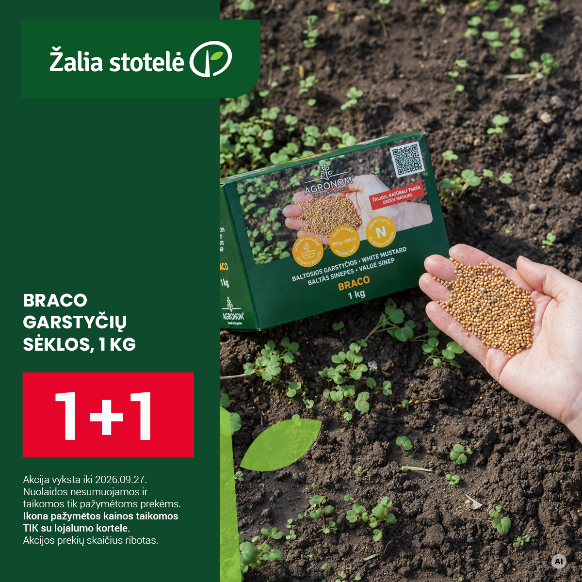 Žaliastotelė.lt Facebook ad: BRACO garstyčių sėklos, 1 KG 1+1