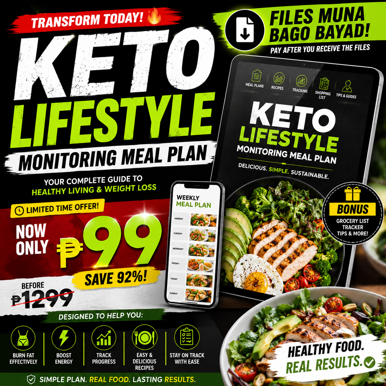 Keto diet meal plan Facebook ad: COMPLETE KETO MEAL PLAN FOR ONLY ₱99! FILES MUNA BAGO BAYAD!