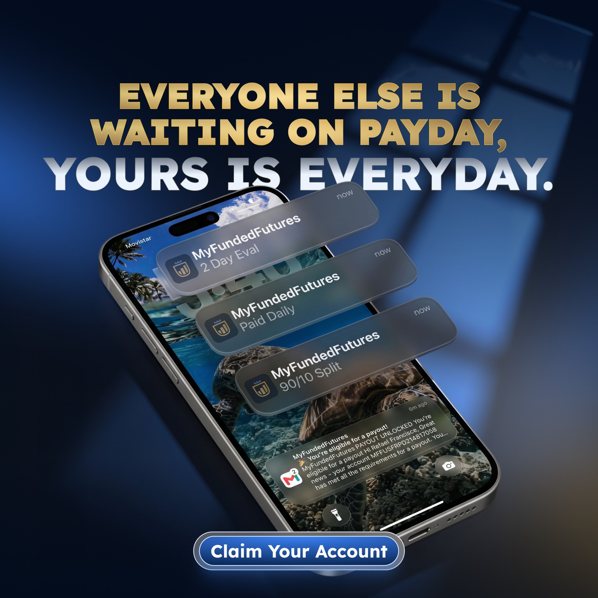 Myfundedfutures Facebook ad: Trade your way. Get paid faster. Code: MFFU