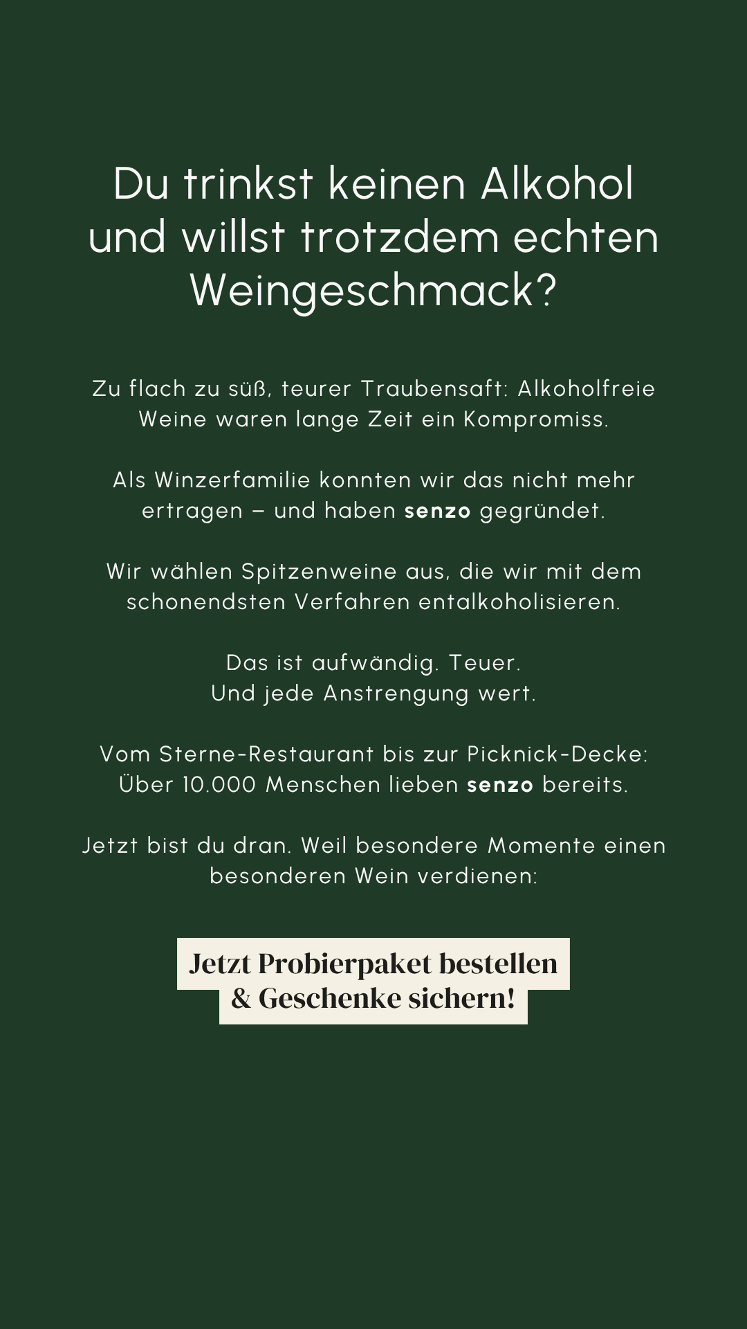 Senzo Facebook ad: SENZO, 100% Winzerhandwerk, 0,0% Alkohol
