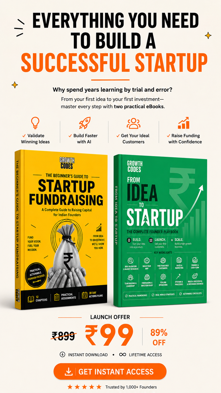 Growthcodes Facebook ad: Ebook: Idea to Startup + Startup Fundraising Guide