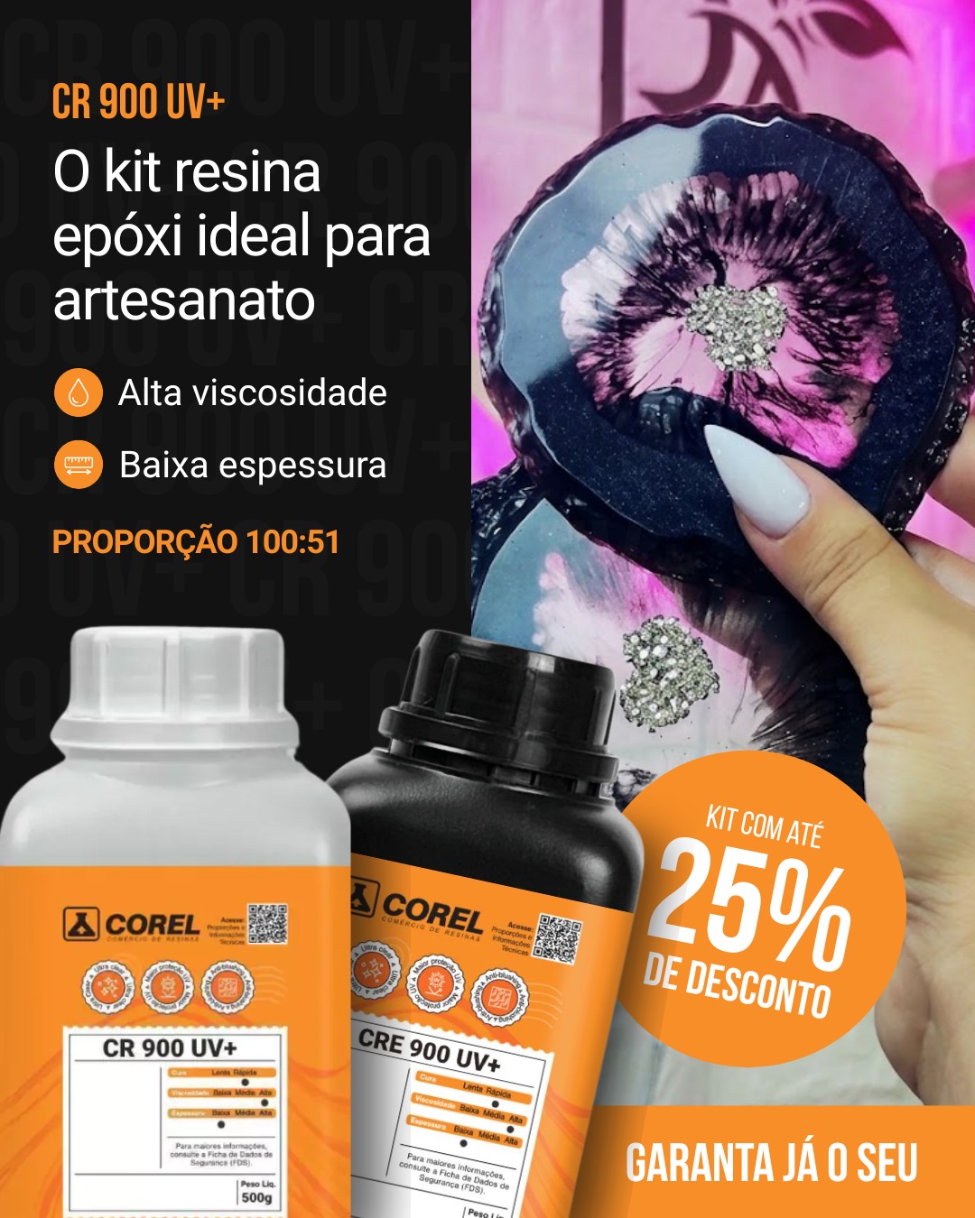 Corel Comércio De Resinas Ltda. Facebook ad: Resina UV+ que reduz o amarelamento | 23% OFF