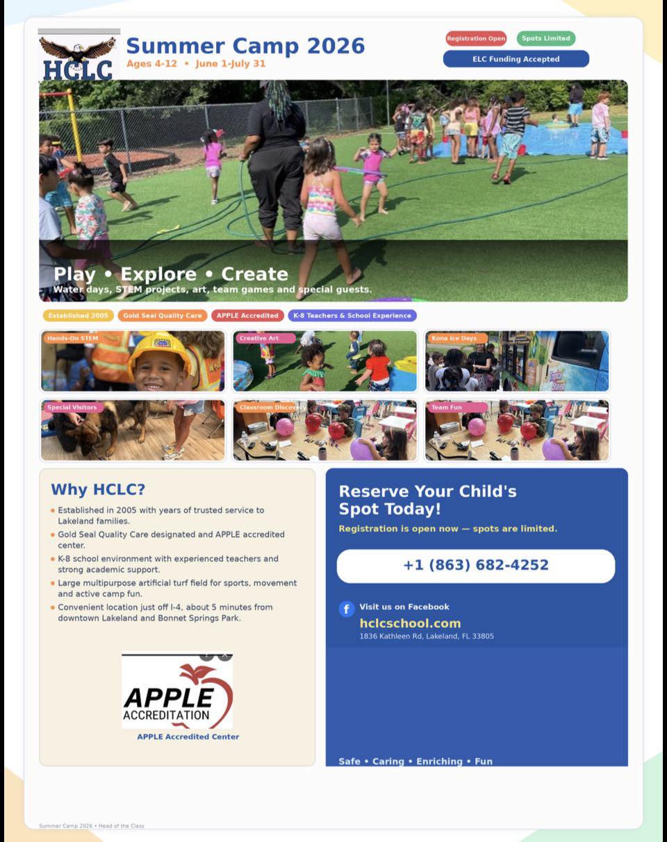 Head of The Class Learning Center Facebook ad: Join the Fun at Summer Camp 2026!
