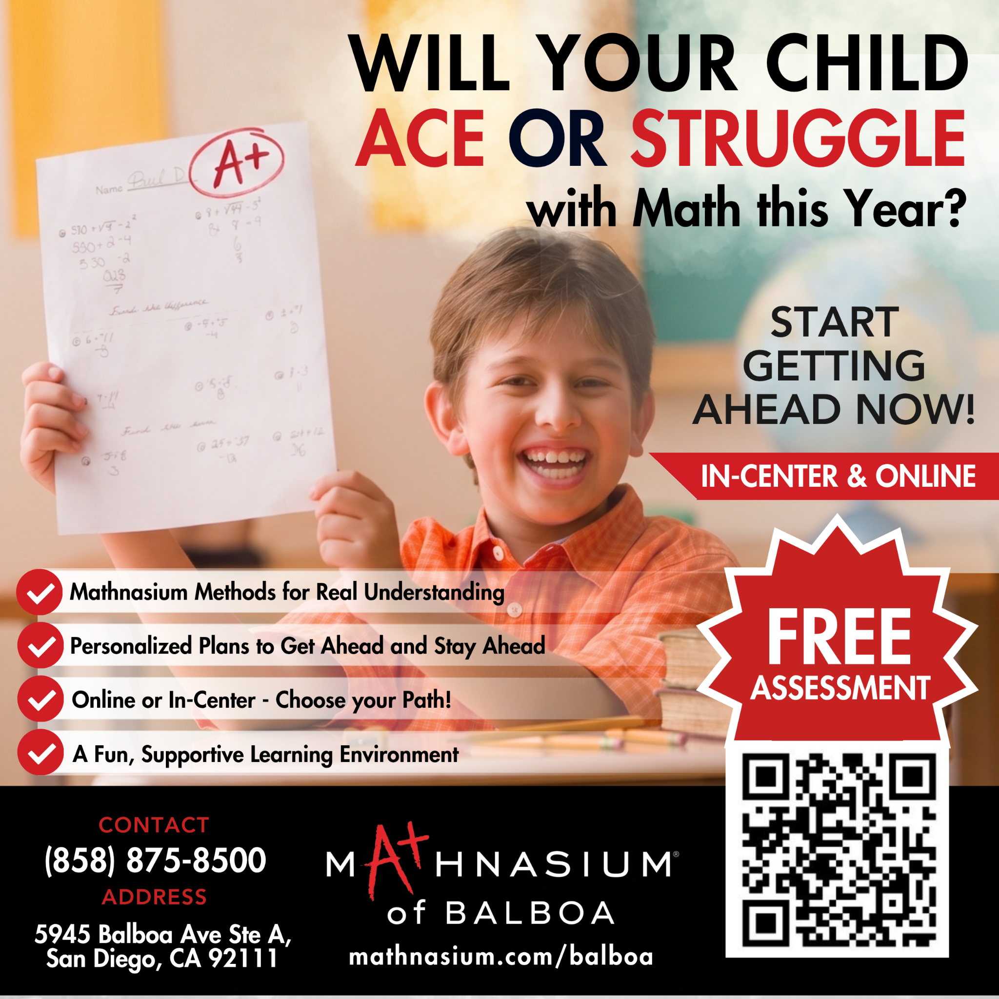 Mathnasium of Balboa Facebook ad: Free Assessment + $100 Off Enrollment